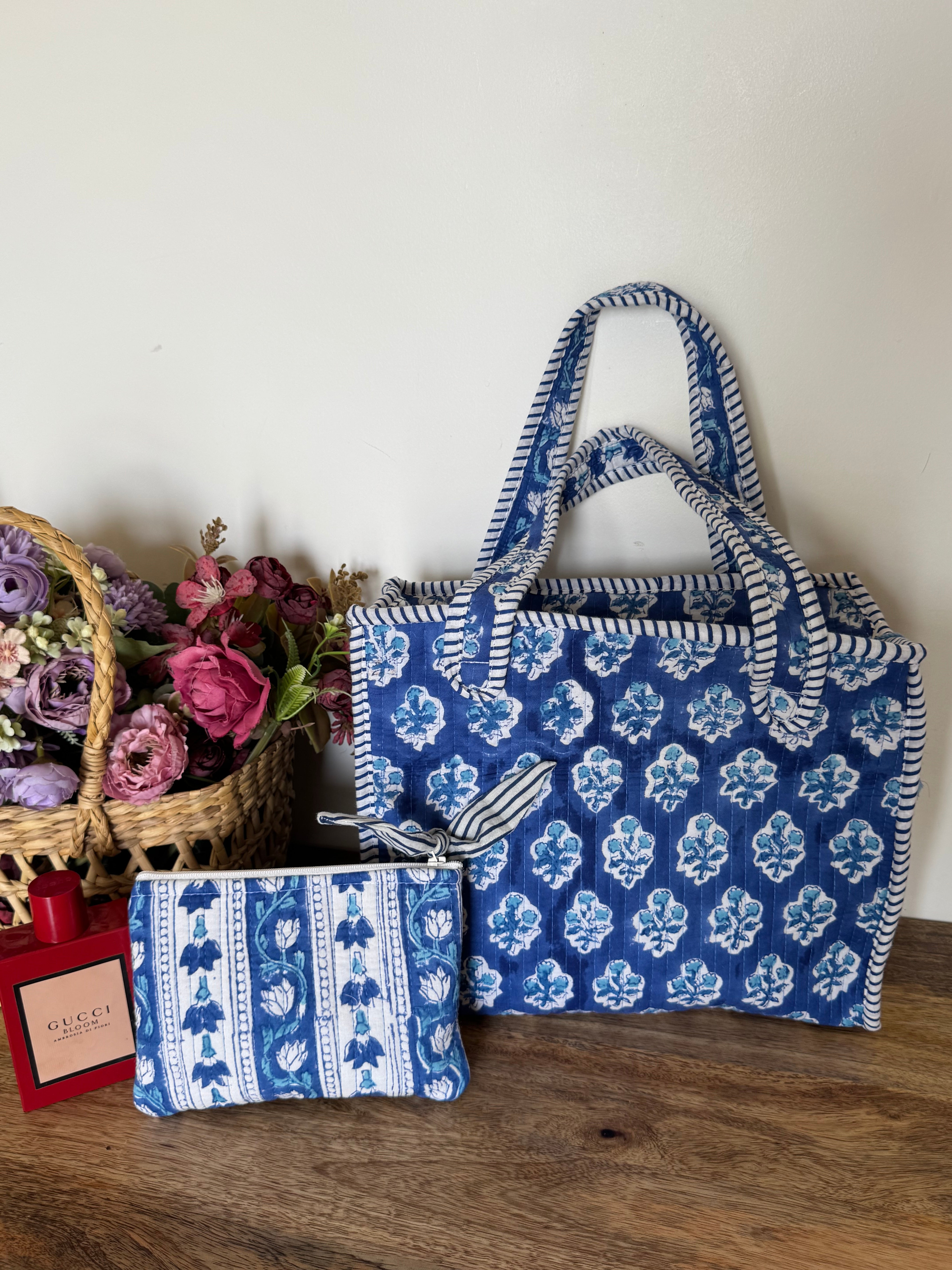 REVERSIBLE MINI TOTE BAG WITH MATCHING FLAT POUCH SET