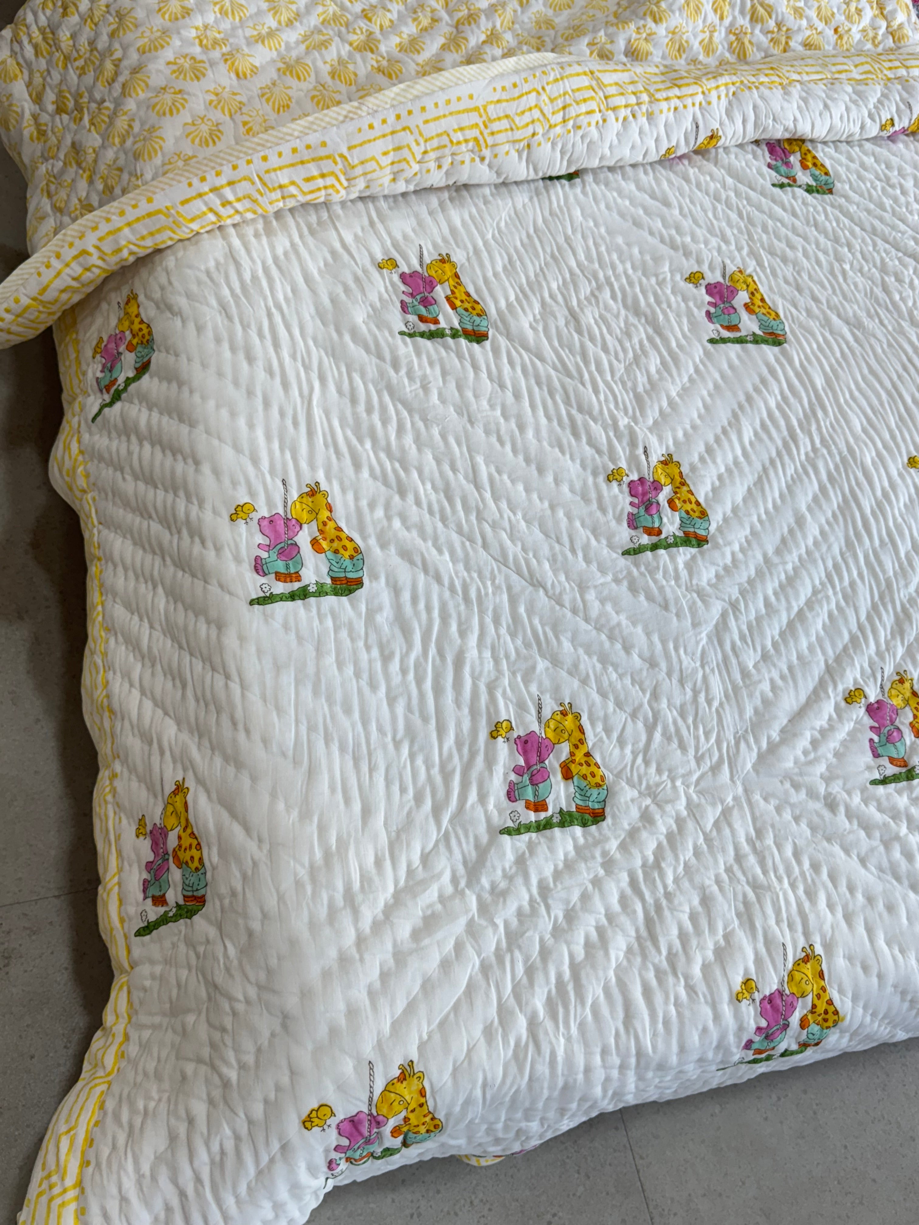 SINGLE BED HANDBLOCK PRINTED REVERSIBLE MULMUL KIDS QUILT (5 years till Adult Size)