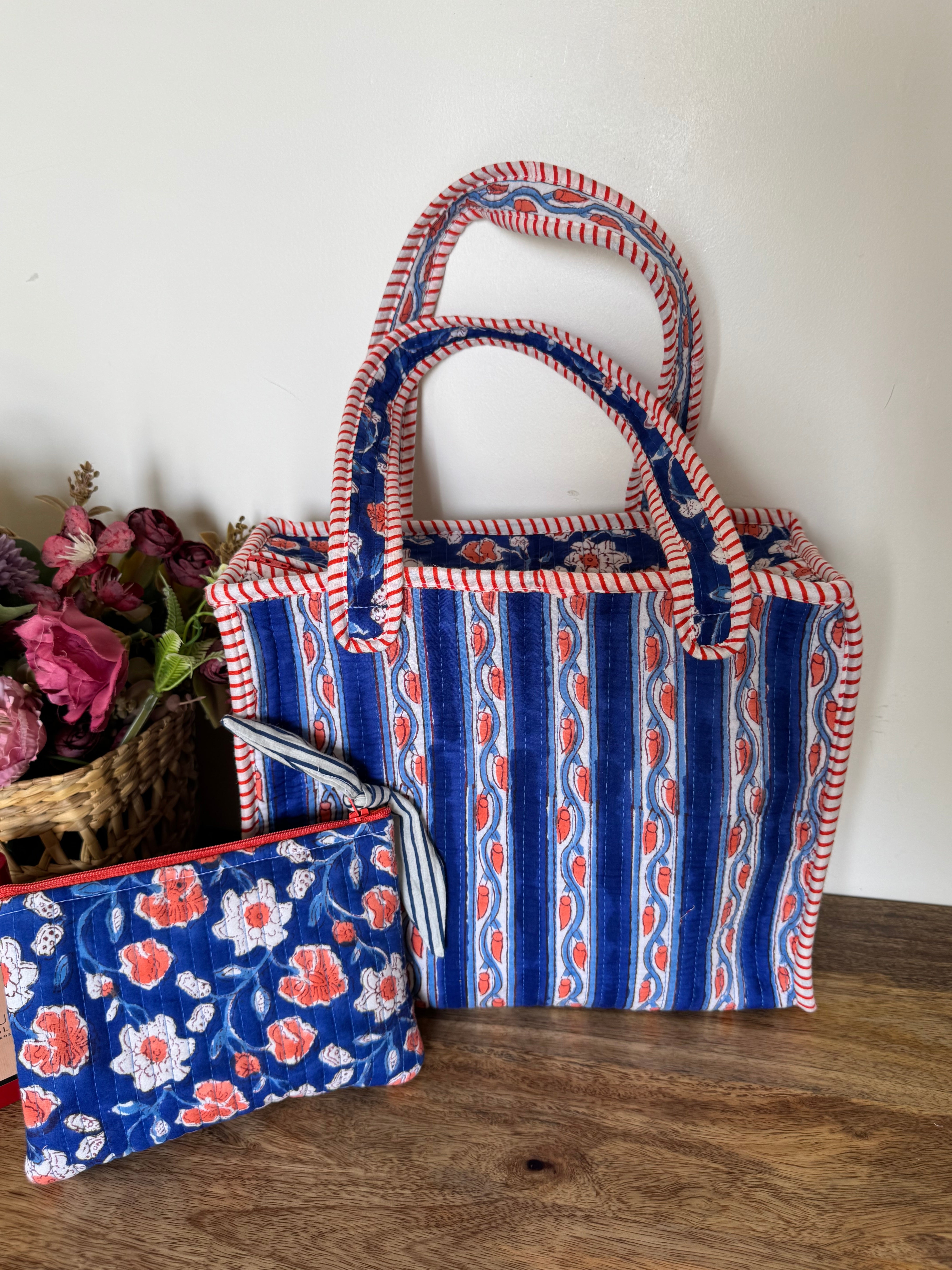 REVERSIBLE MINI TOTE BAG WITH MATCHING FLAT POUCH SET