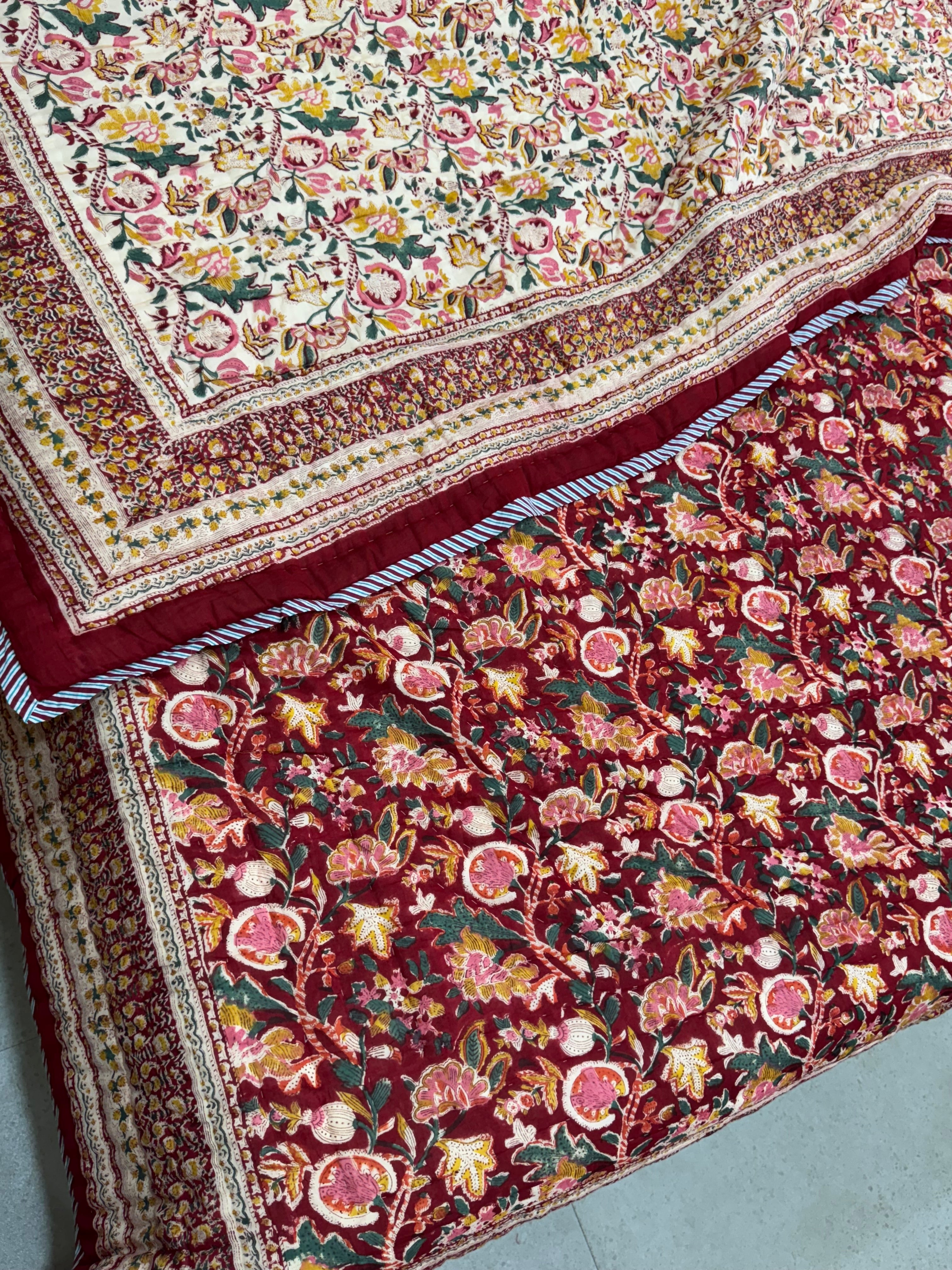 FESTIVE HAND BLOCK PRINTED REVERSIBLE QUILT (DOUBLE BED)