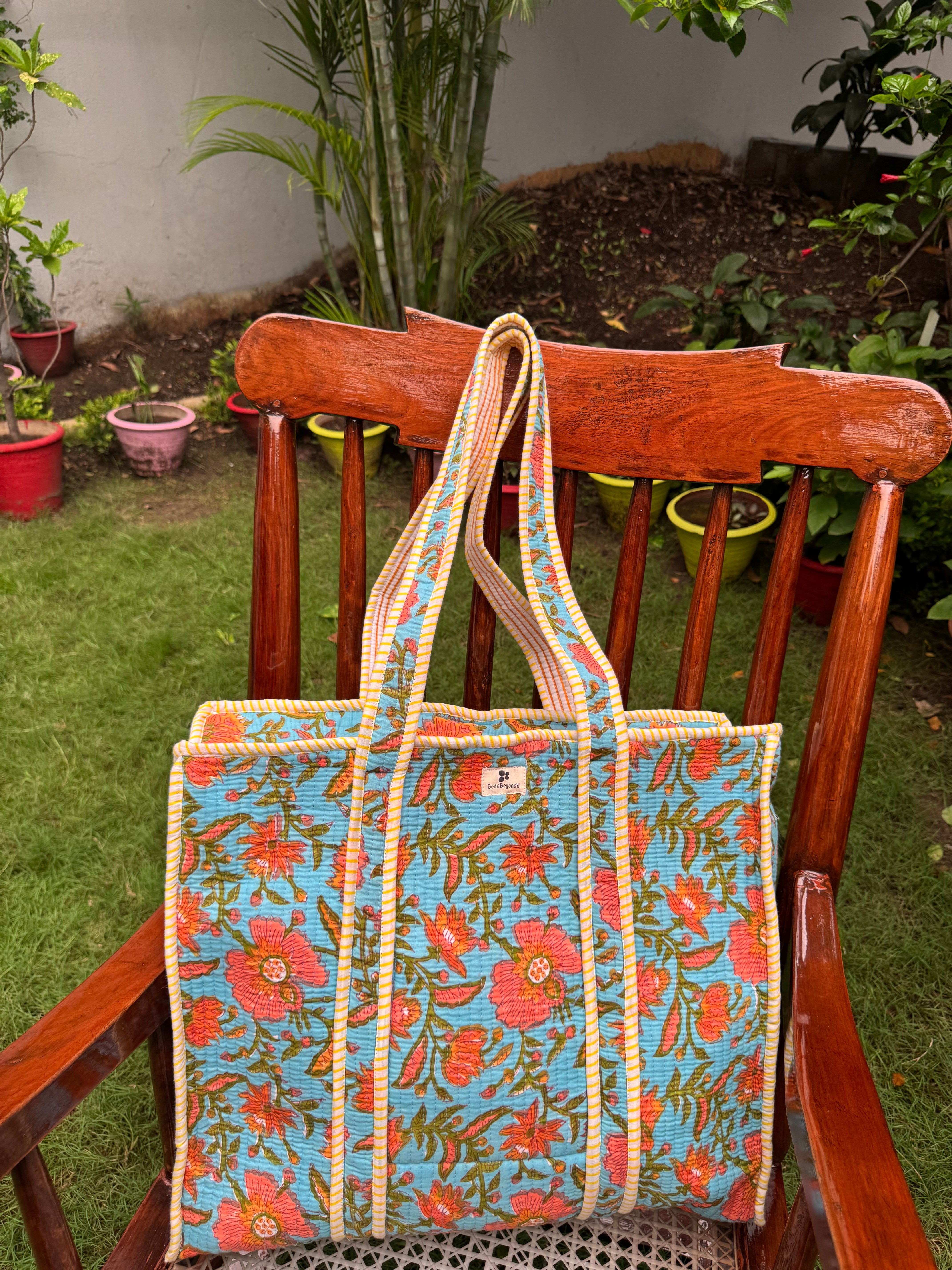 HAND BLOCK PRINTED TOTE BAG WITH ZIP