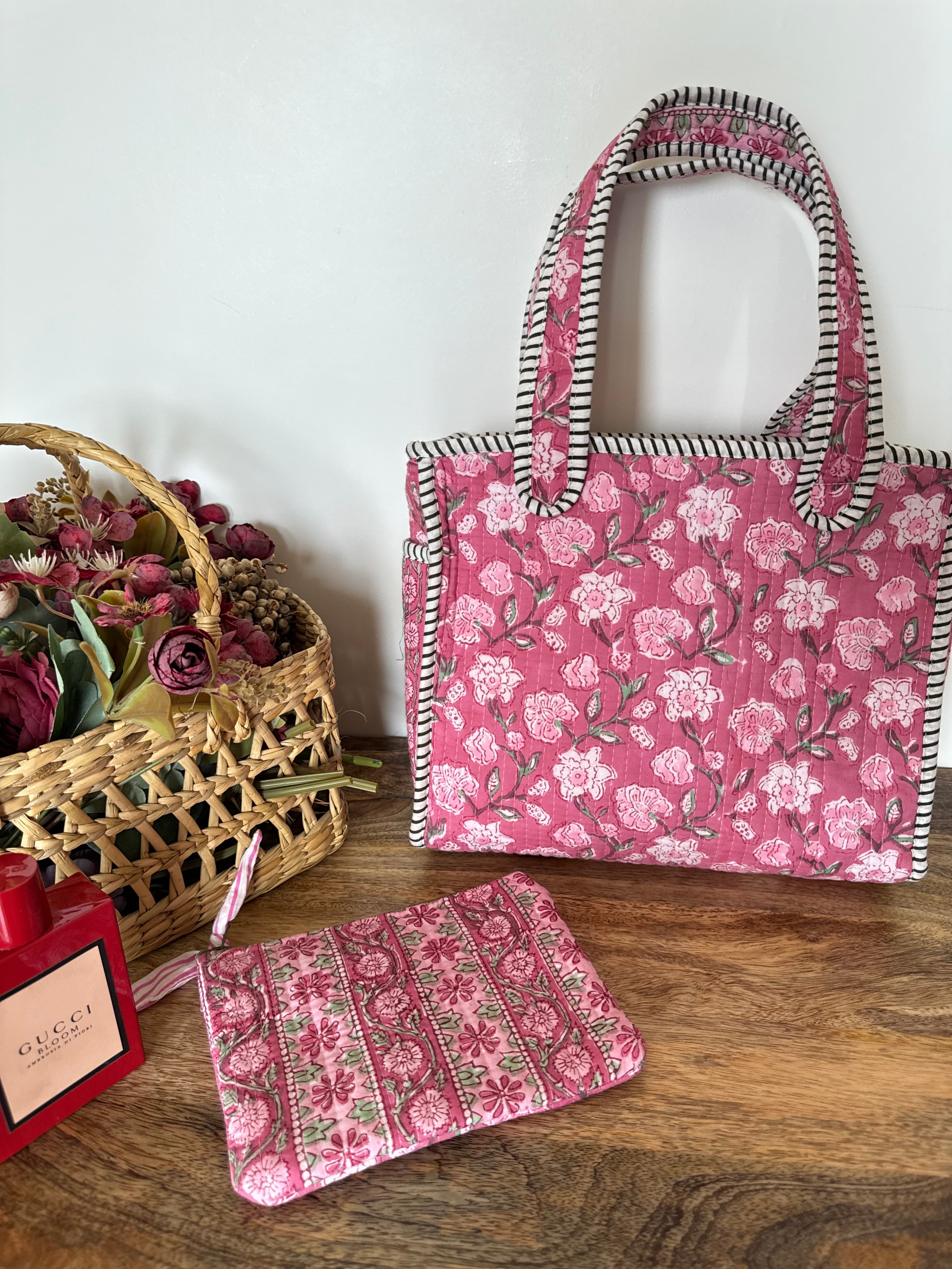 REVERSIBLE MINI TOTE BAG WITH MATCHING FLAT POUCH SET