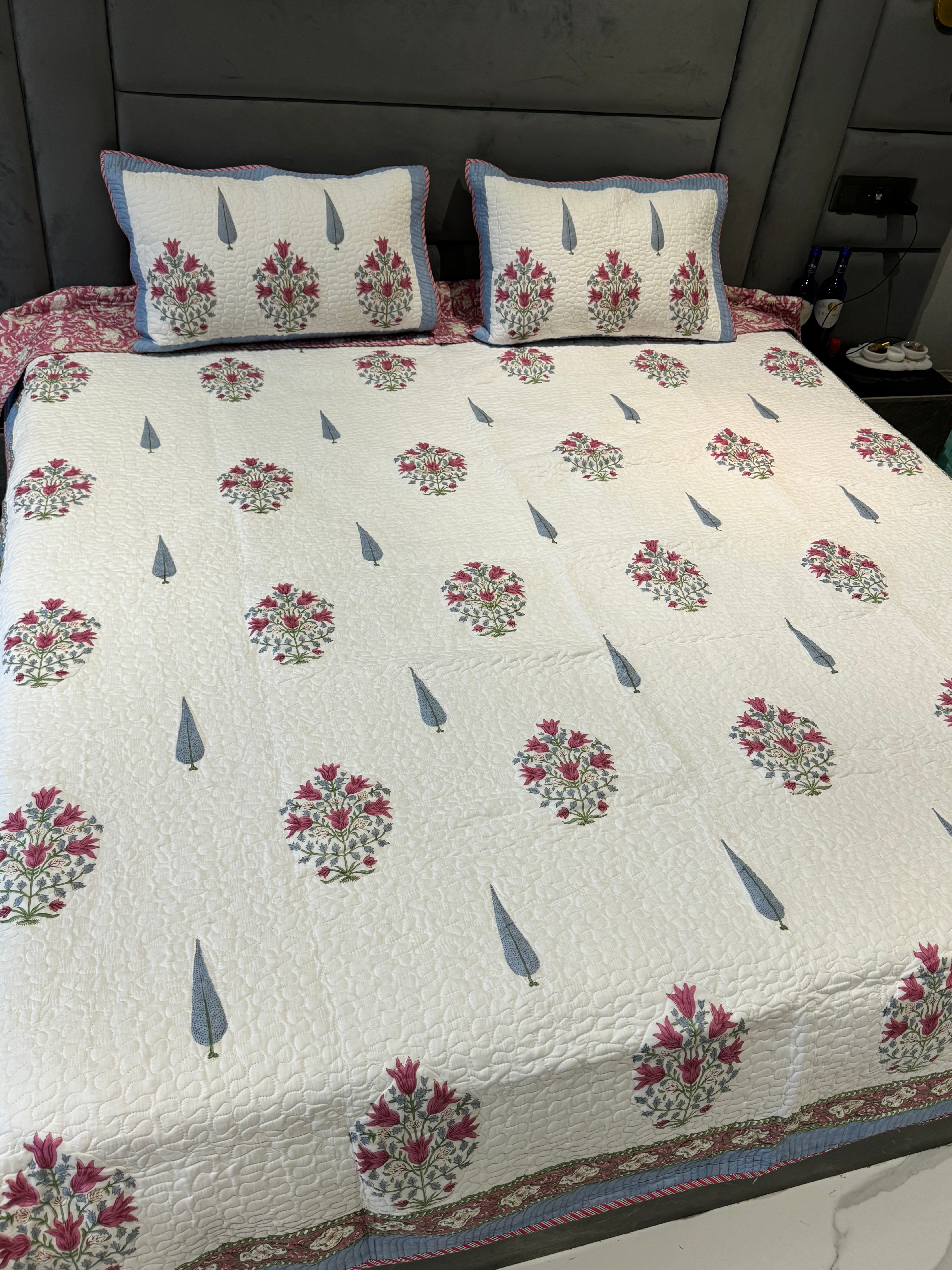 REVERSIBLE SUMAN HAND BLOCK PRINTED QUILTED BEDCOVER