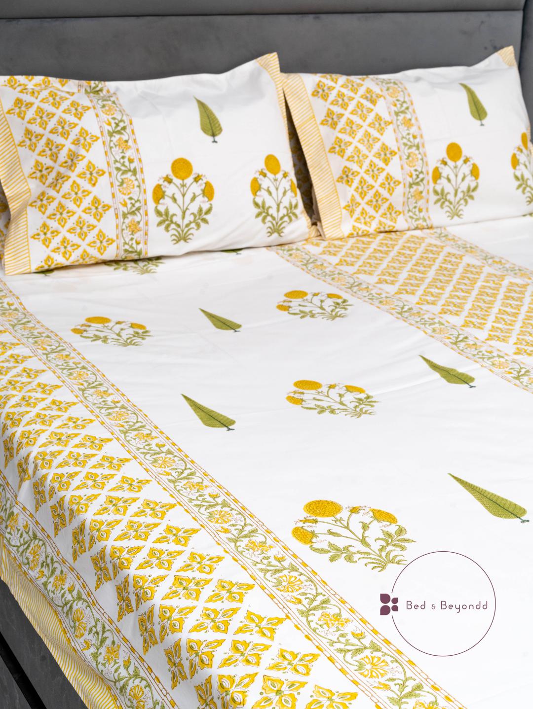 MARIGOLD  HAND BLOCK PRINTED BEDSHEET WITH TWO REVERSIBLE PILLOW COVERS