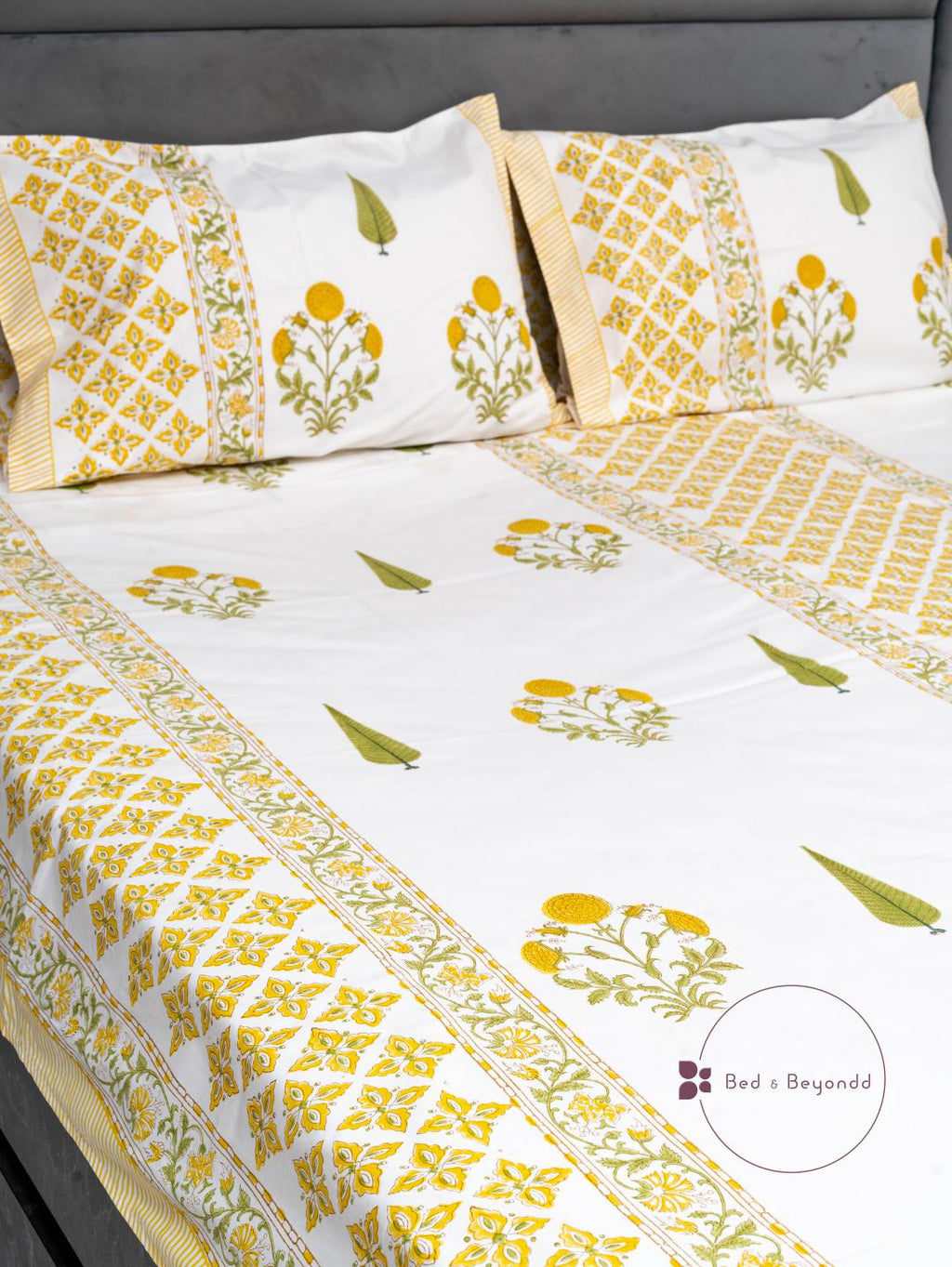MARIGOLD HANDBLOCK PRINTED BEDSHEET WITH TWO REVERSIBLE PILLOW COVERS
