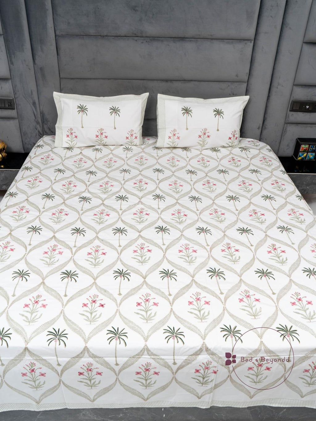 BLUSHING  PALM HANDBLOCK PRINTED BEDSHEET WITH TWO REVERSIBLE PILLOW COVERS