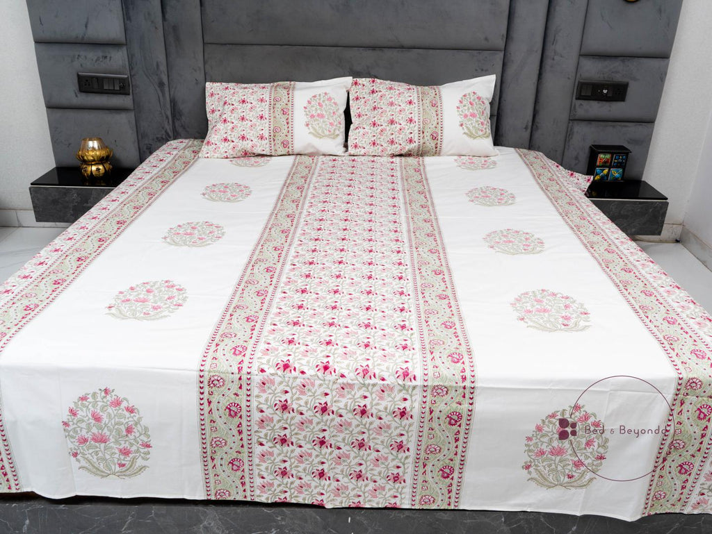 PINK HIMANI HANDBLOCK PRINTED BEDSHEET WITH TWO REVERSIBLE PILLOW COVERS