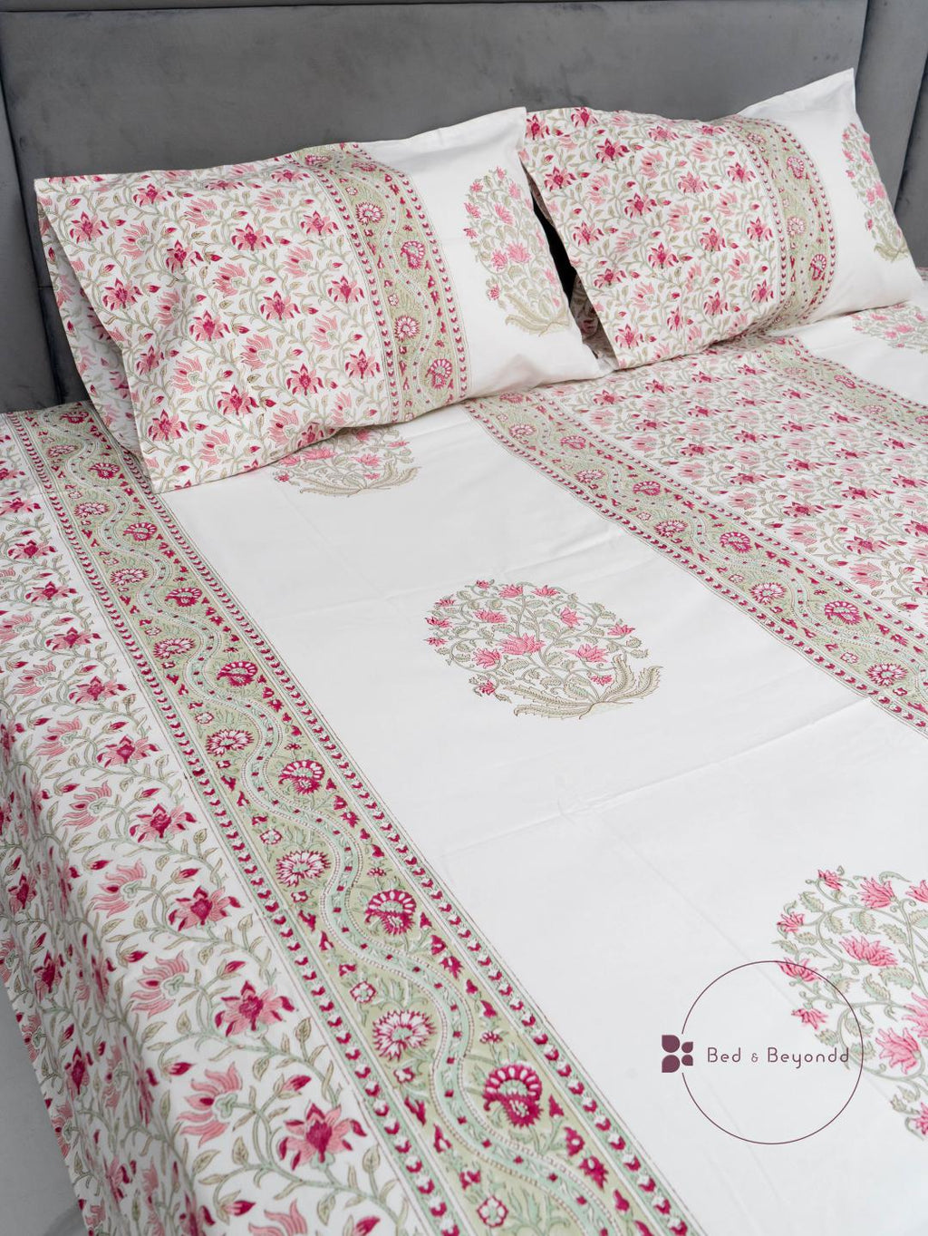 PINK HIMANI HANDBLOCK PRINTED BEDSHEET WITH TWO REVERSIBLE PILLOW COVERS