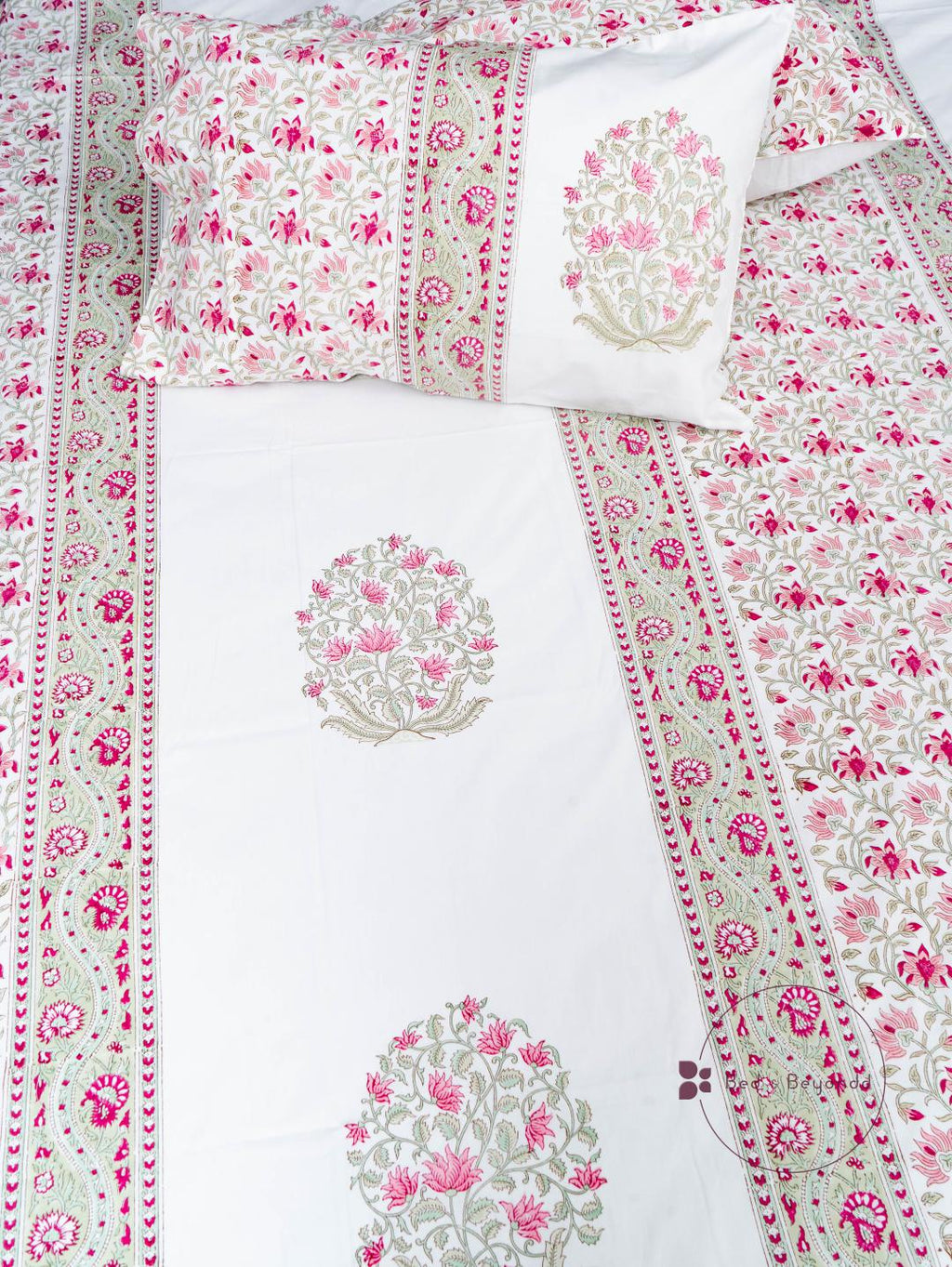 PINK HIMANI HAND BLOCK PRINTED BEDSHEET WITH TWO REVERSIBLE PILLOW COVERS