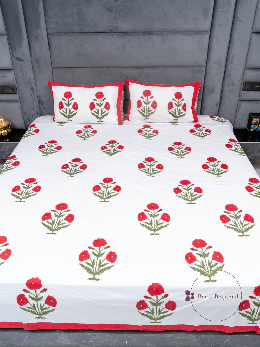 RED POPPY HANDBLOCK PRINTED BEDSHEET WITH TWO REVERSIBLE PILLOW COVERS