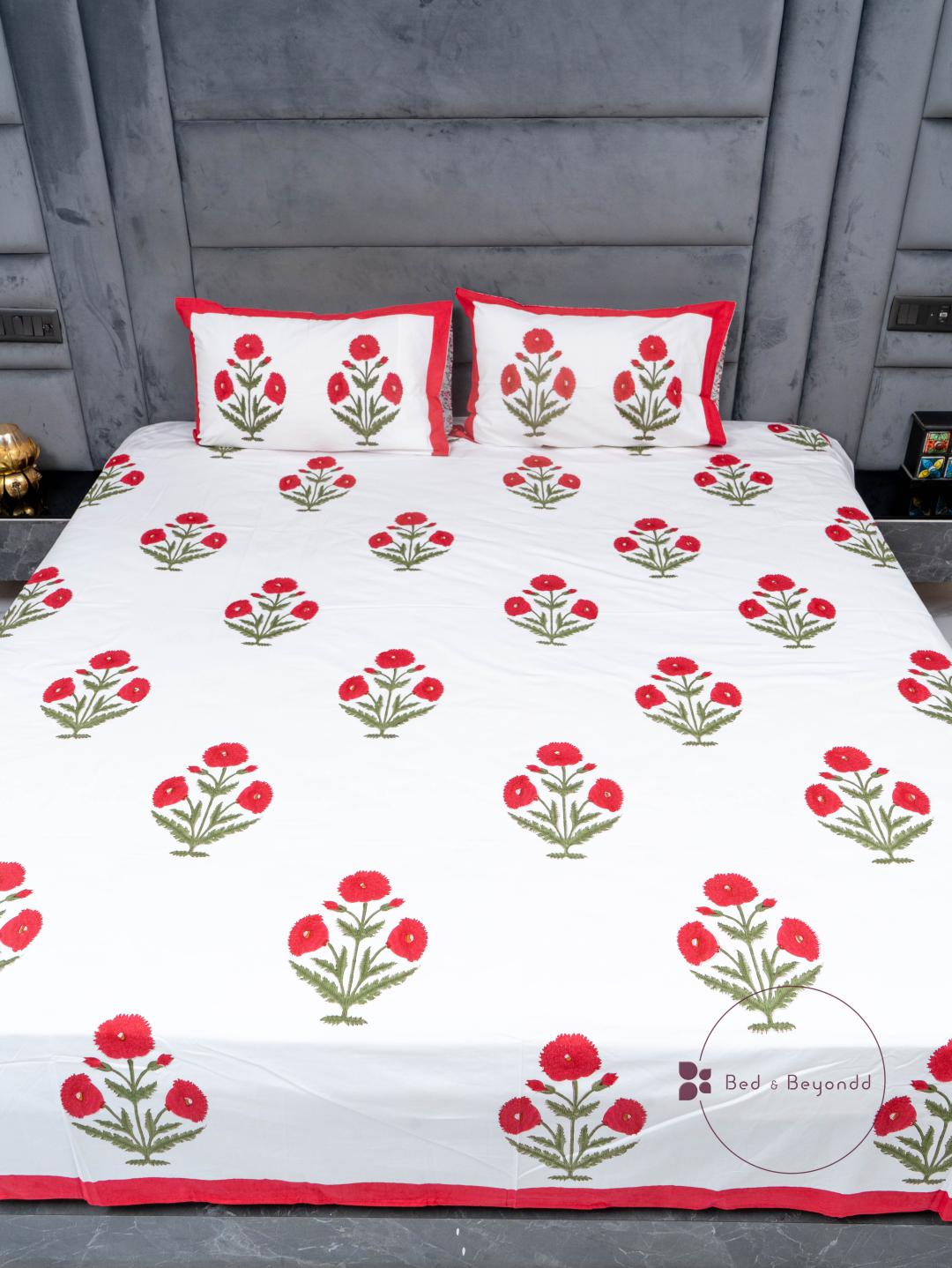 RED POPPY HAND BLOCK PRINTED BEDSHEET WITH TWO REVERSIBLE PILLOW COVERS