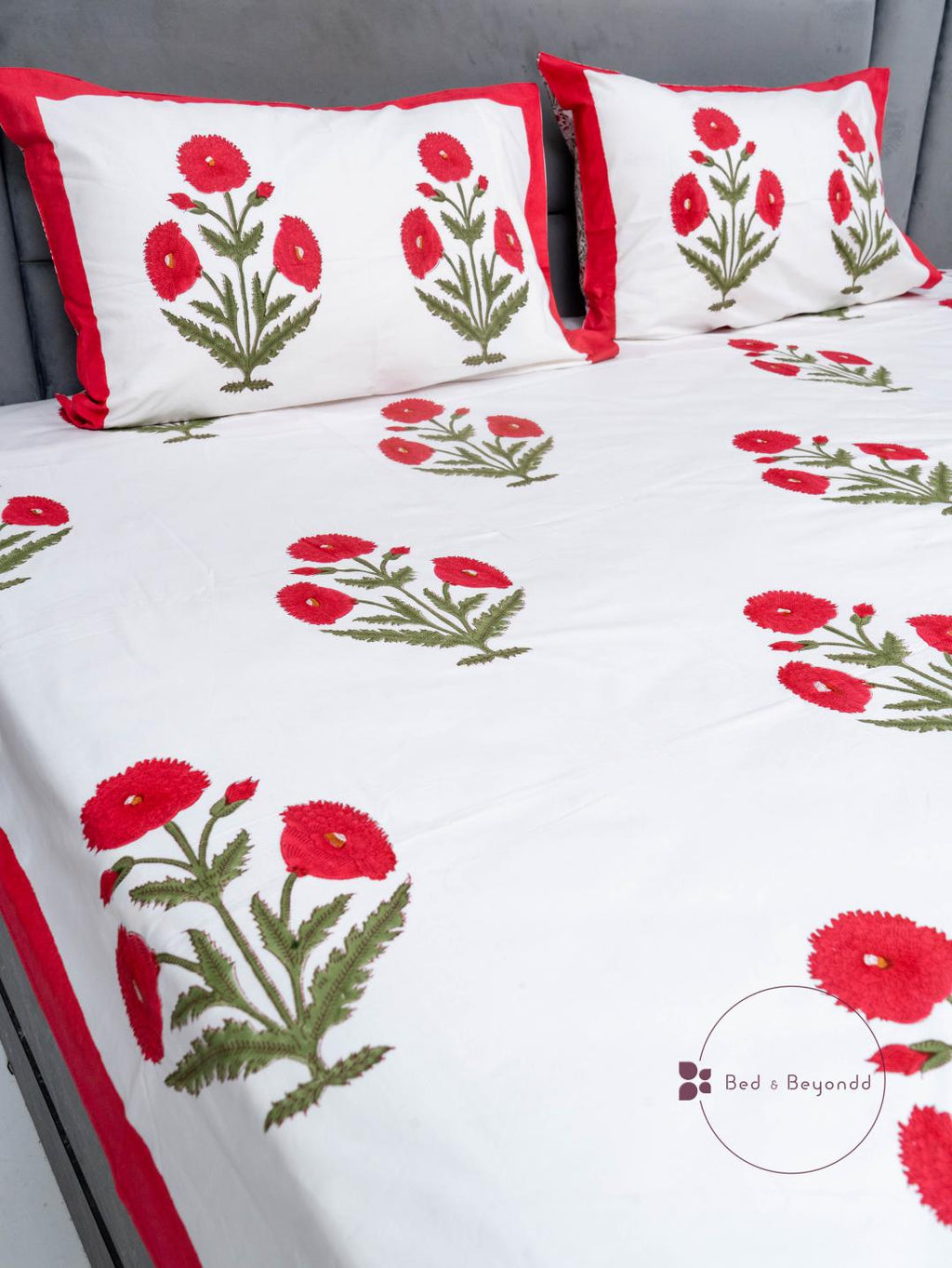 RED POPPY HAND BLOCK PRINTED BEDSHEET WITH TWO REVERSIBLE PILLOW COVERS