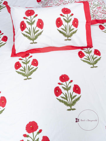 RED POPPY HANDBLOCK PRINTED BEDSHEET WITH TWO REVERSIBLE PILLOW COVERS