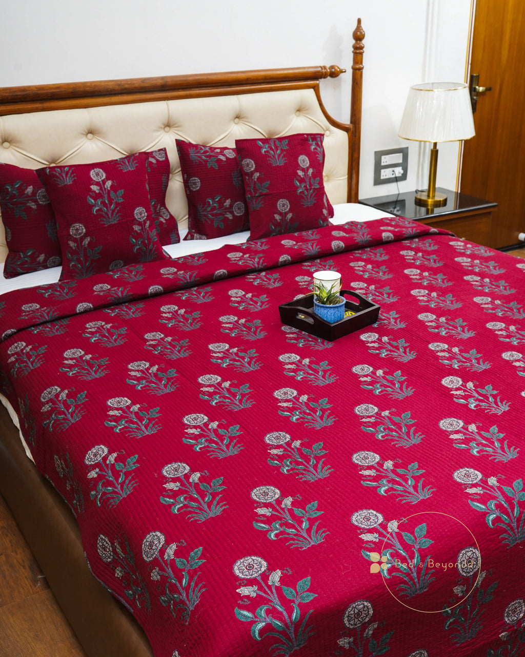 KANAK MAROON POPPY QUILTED BEDCOVER SET(5PC) - BEDCOVER + 2 PILLOW CASES + 2 CUSHION COVERS +