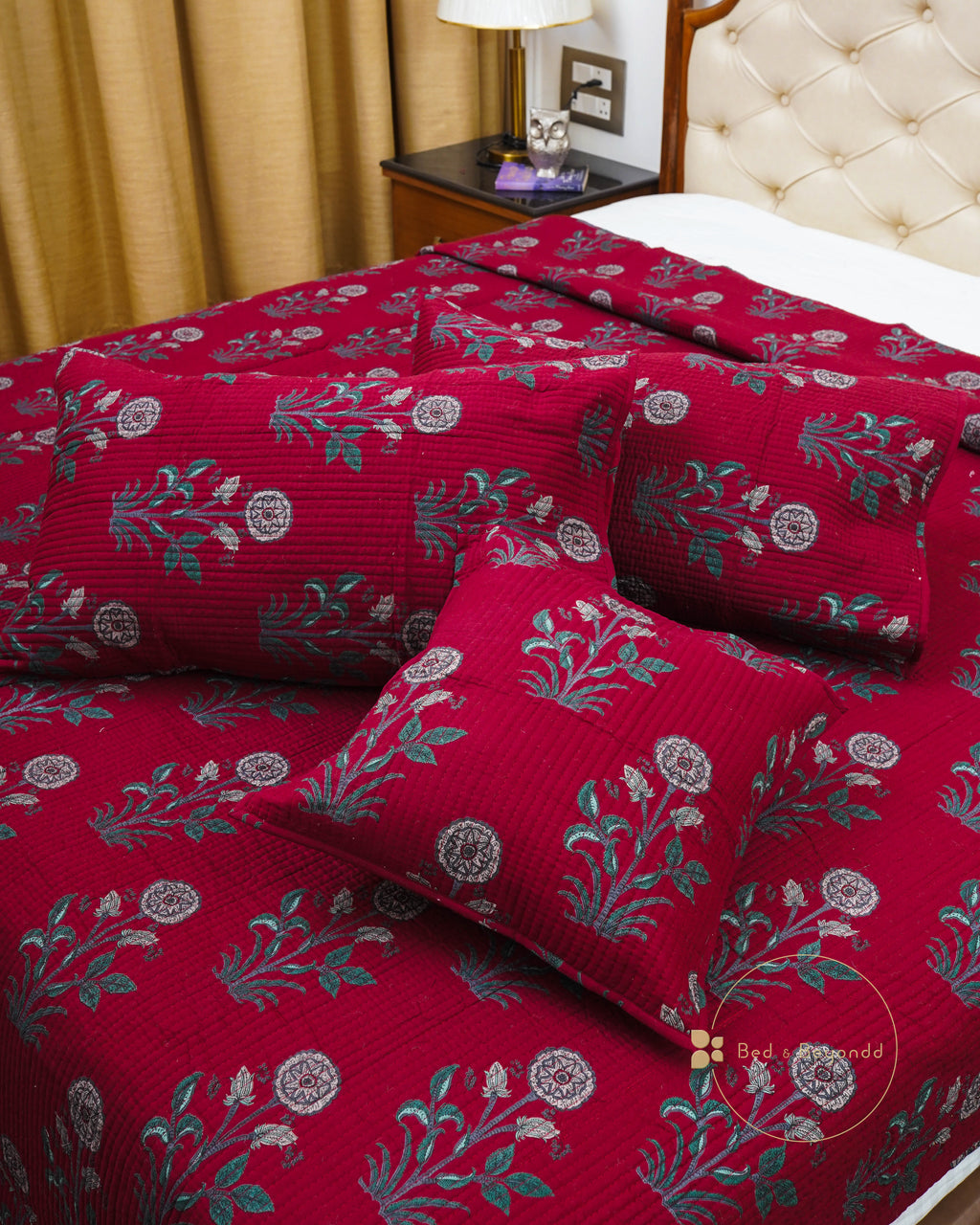 KANAK MAROON POPPY QUILTED BEDCOVER SET(5PC) - BEDCOVER + 2 PILLOW CASES + 2 CUSHION COVERS +