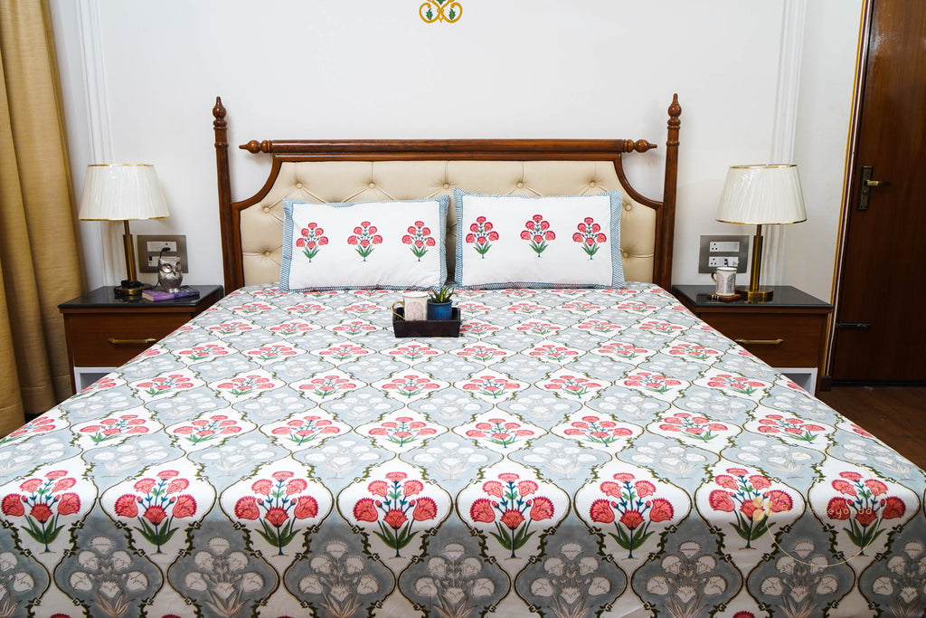 BEAUTY OF NATURE HAND BLOCK PRINTED BEDSHEET WITH TWO REVERSIBLE PILLOW COVERS