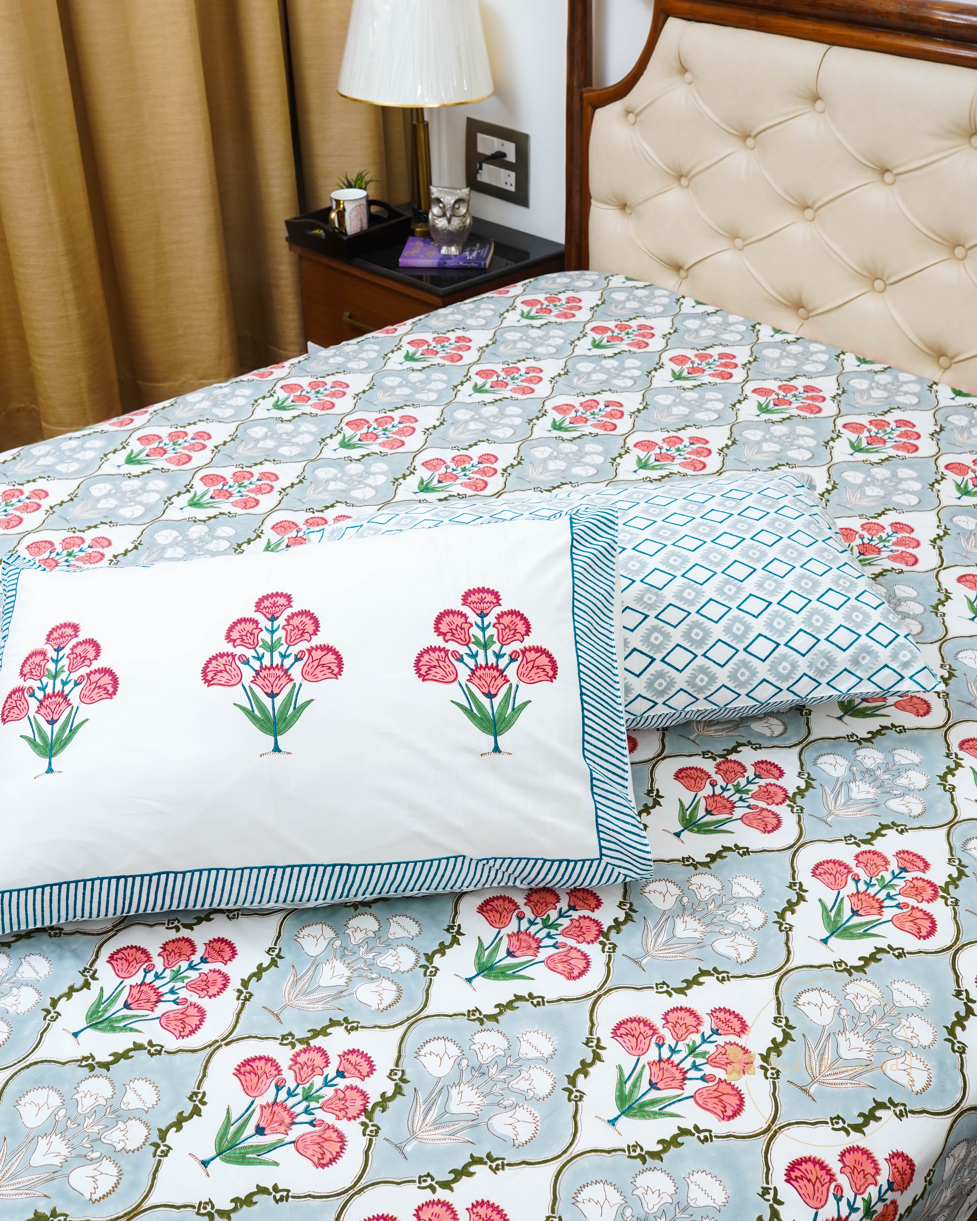 BEAUTY OF NATURE HAND BLOCK PRINTED BEDSHEET WITH TWO REVERSIBLE PILLOW COVERS