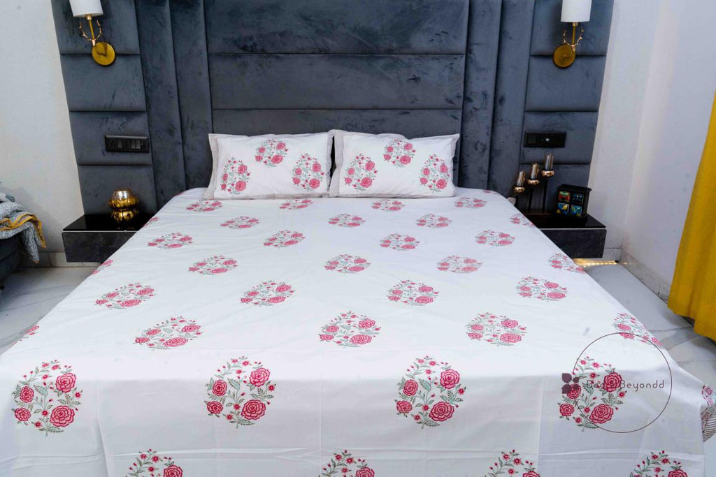 FUSCHIA HANDBLOCK PRINTED BEDSHEET WITH TWO REVERSIBLE PILLOW COVERS