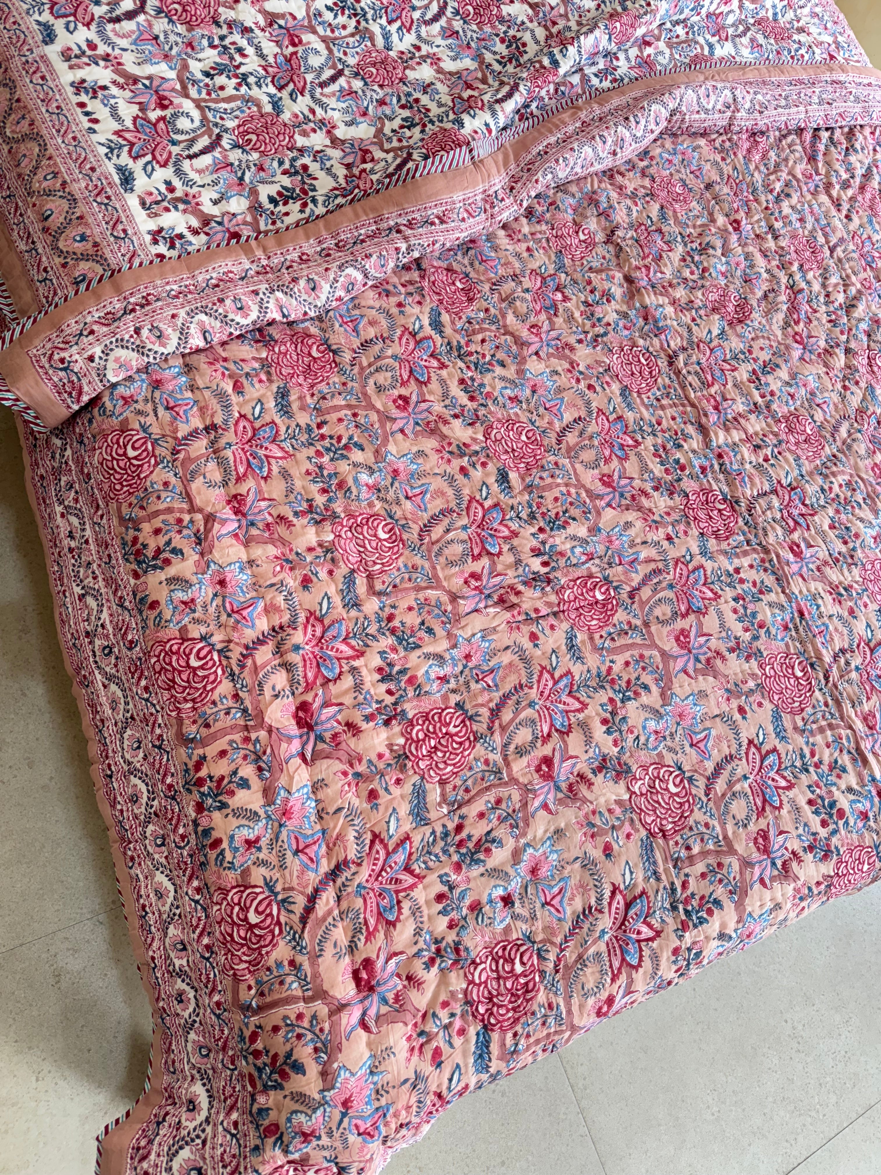 FESTIVE HAND BLOCK PRINTED REVERSIBLE QUILT (DOUBLE BED)