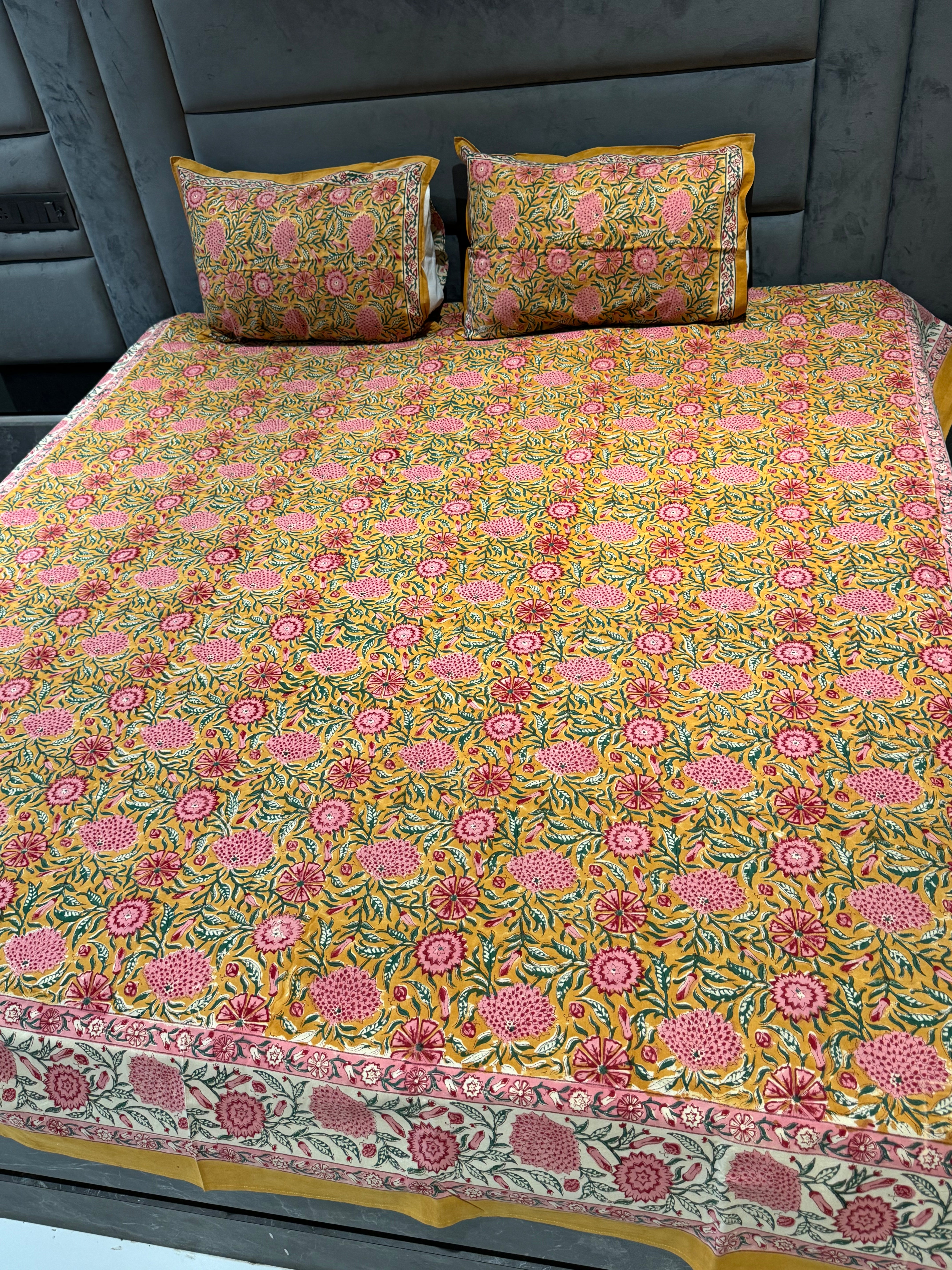 FESTIVE HAND BLOCK PRINTED BEDSHEET WITH TWO REVERSIBLE PILLOW COVERS