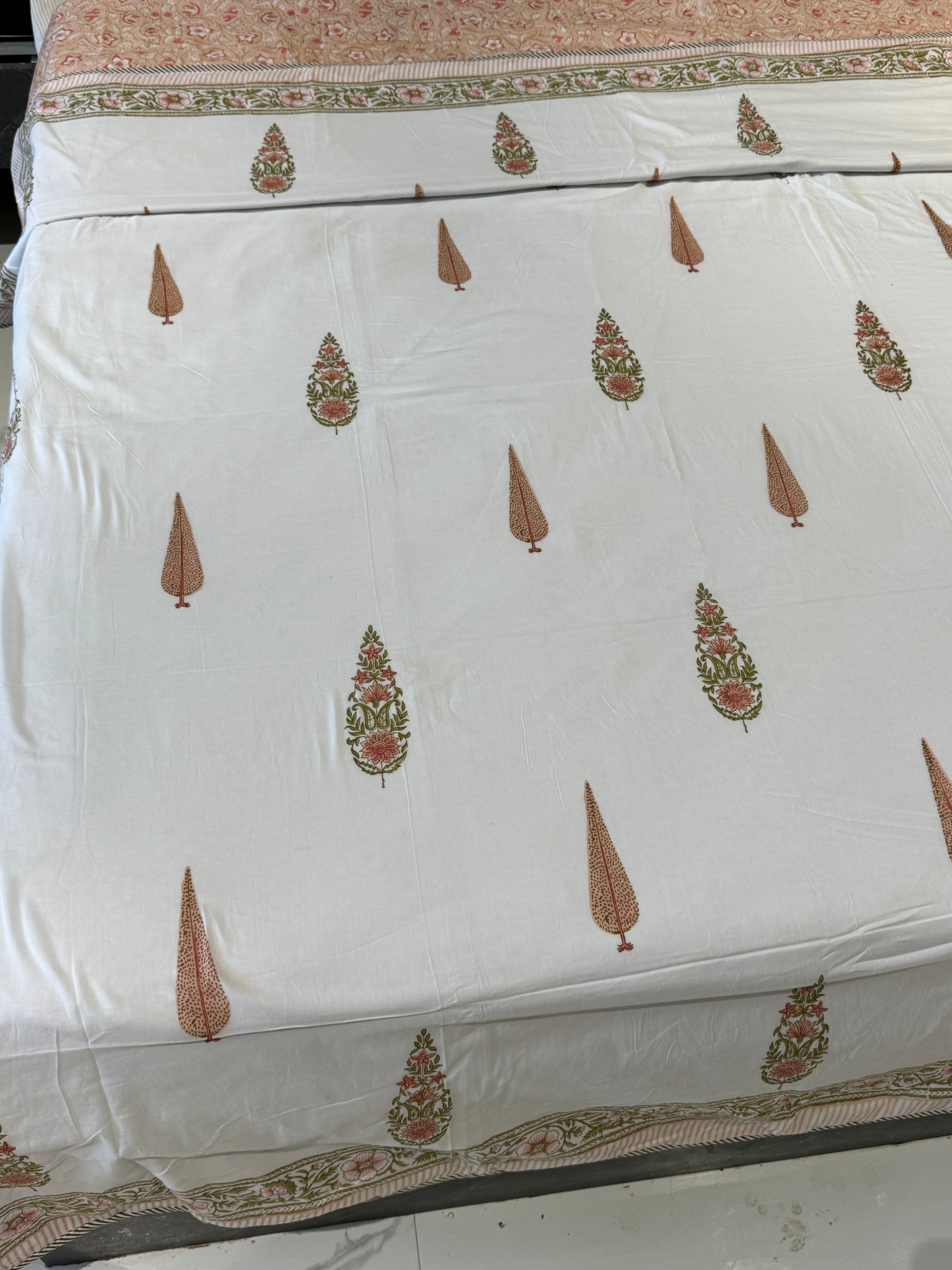 PEACH CYPRESS HANDBLOCK PRINTED REVERSIBLE MULMUL DOHAR by