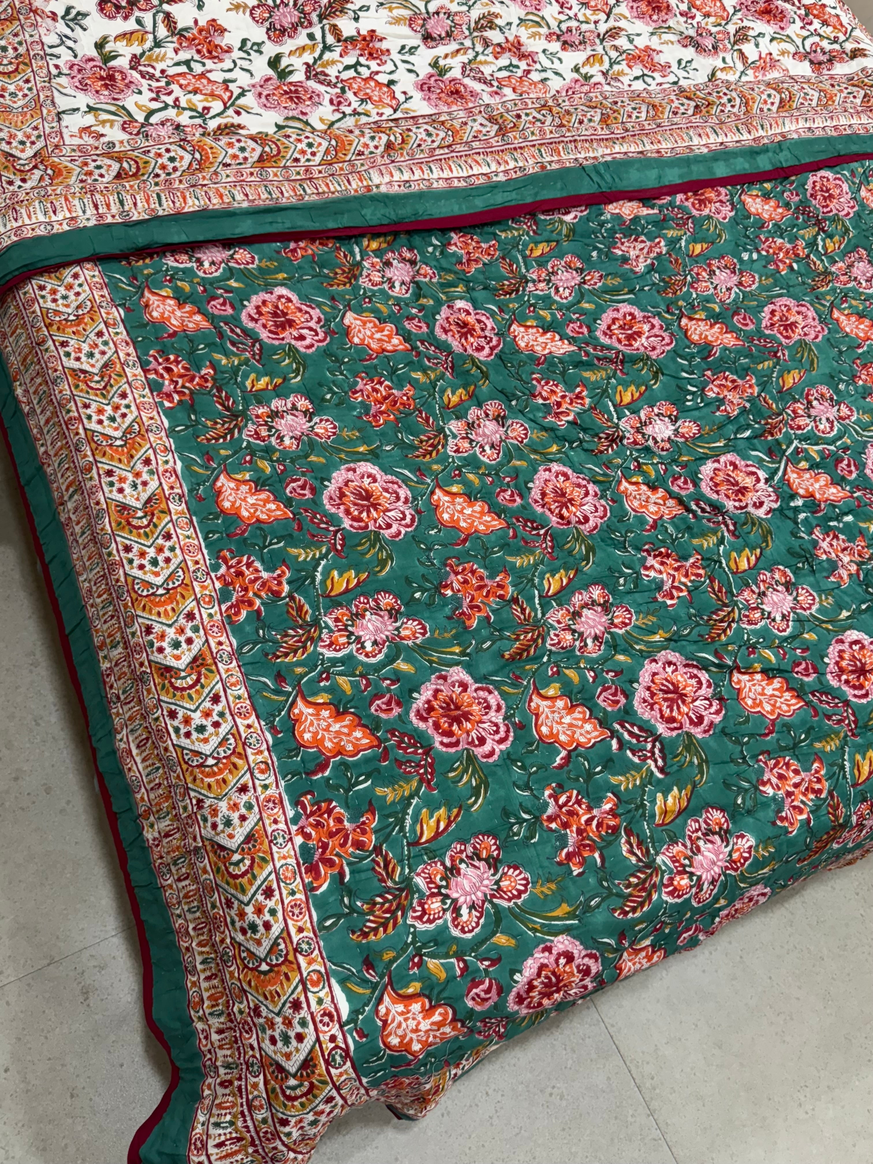 FESTIVE HAND BLOCK PRINTED REVERSIBLE QUILT (DOUBLE BED)