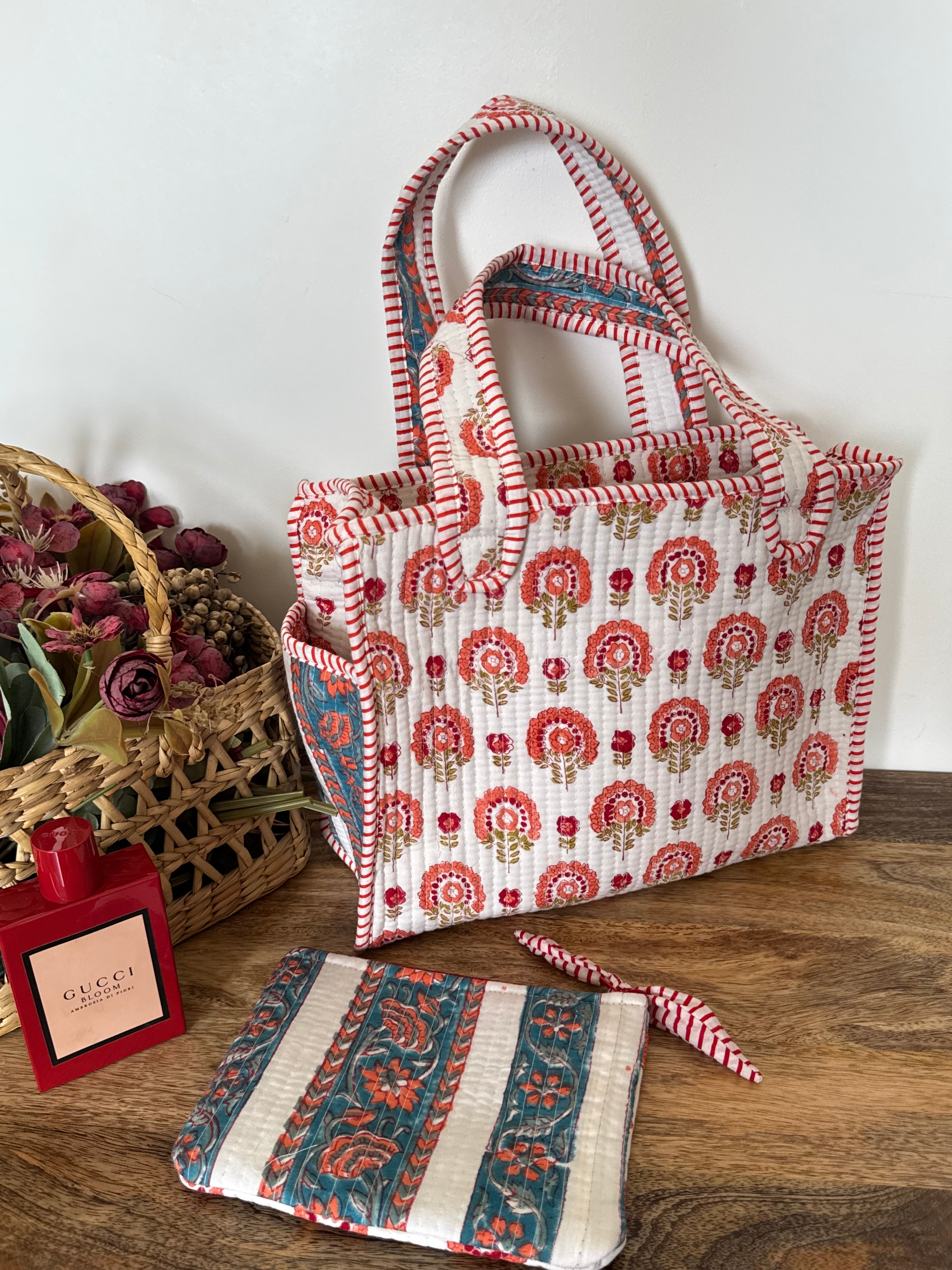 REVERSIBLE MINI TOTE BAG WITH MATCHING FLAT POUCH SET