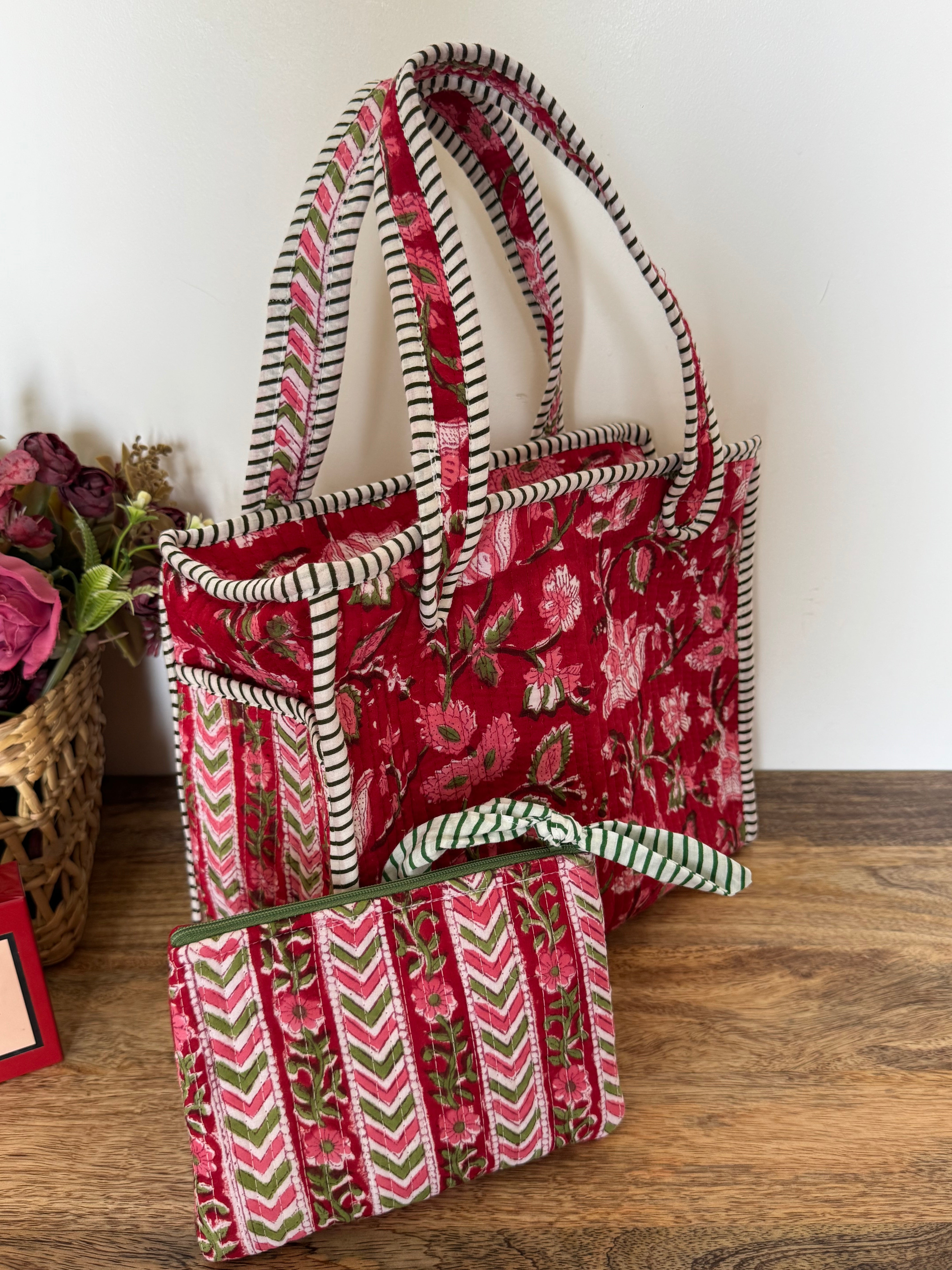 REVERSIBLE MINI TOTE BAG WITH MATCHING FLAT POUCH SET