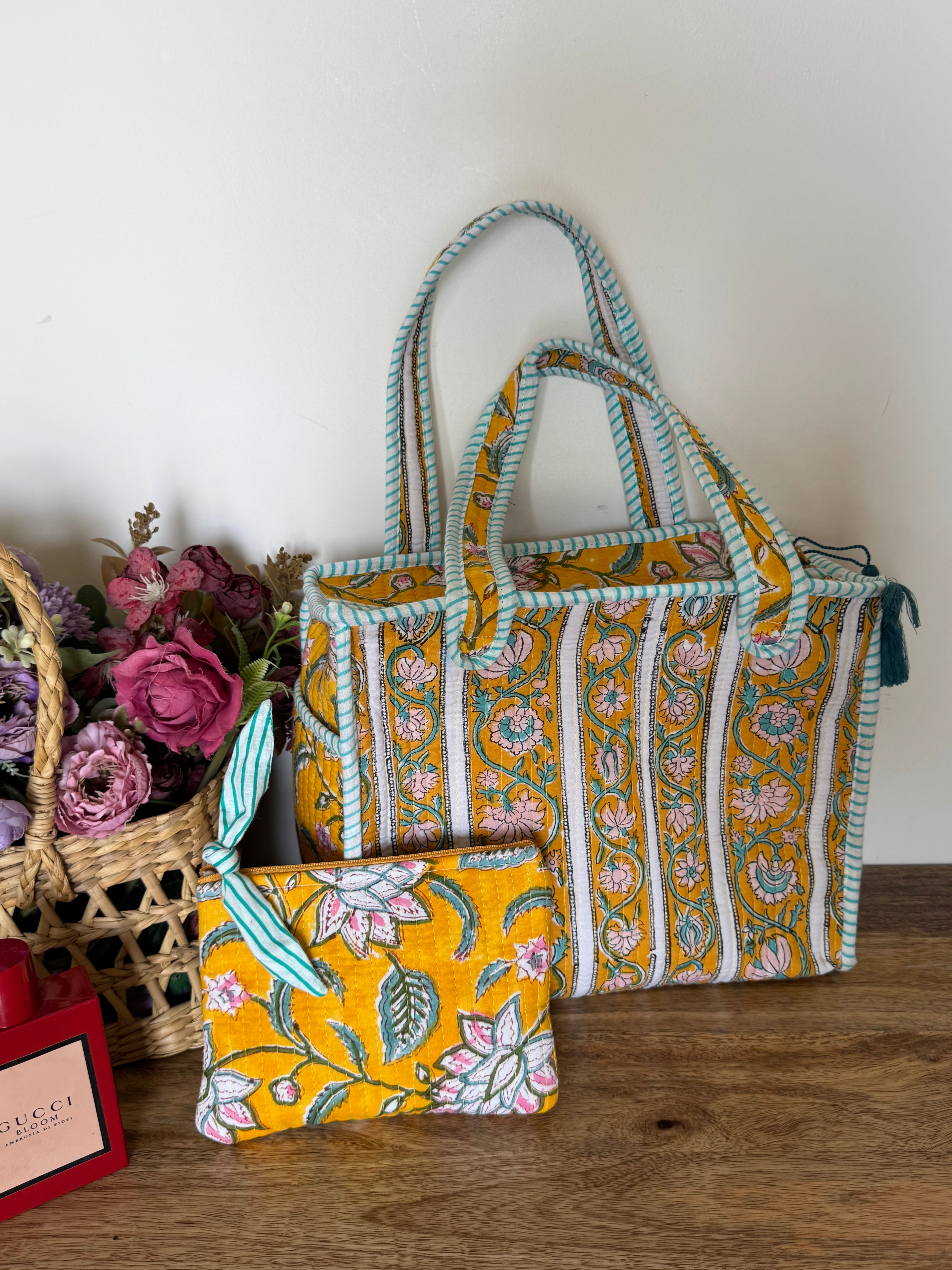 REVERSIBLE MINI TOTE BAG WITH MATCHING FLAT POUCH SET