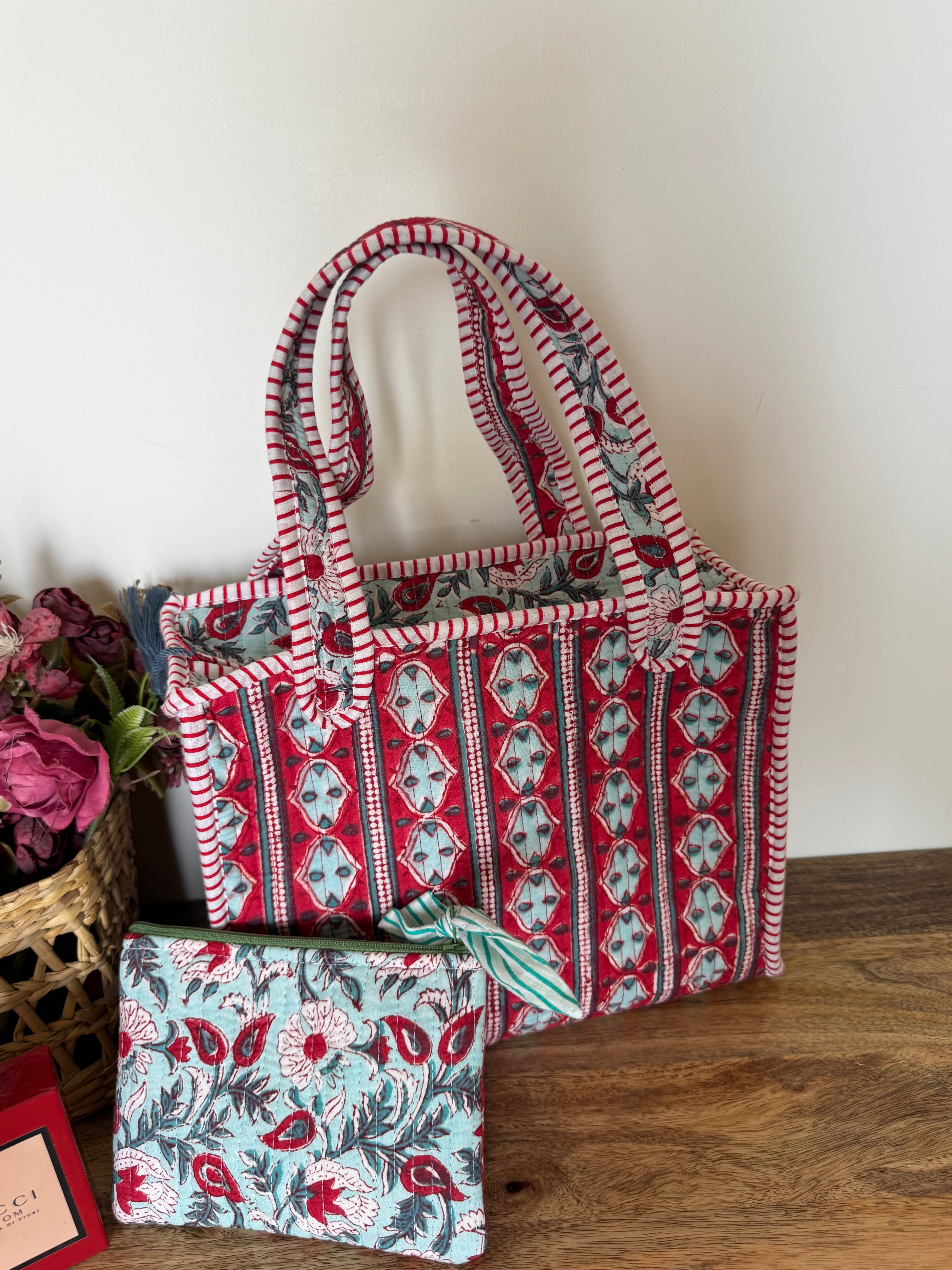 REVERSIBLE MINI TOTE BAG WITH MATCHING FLAT POUCH SET