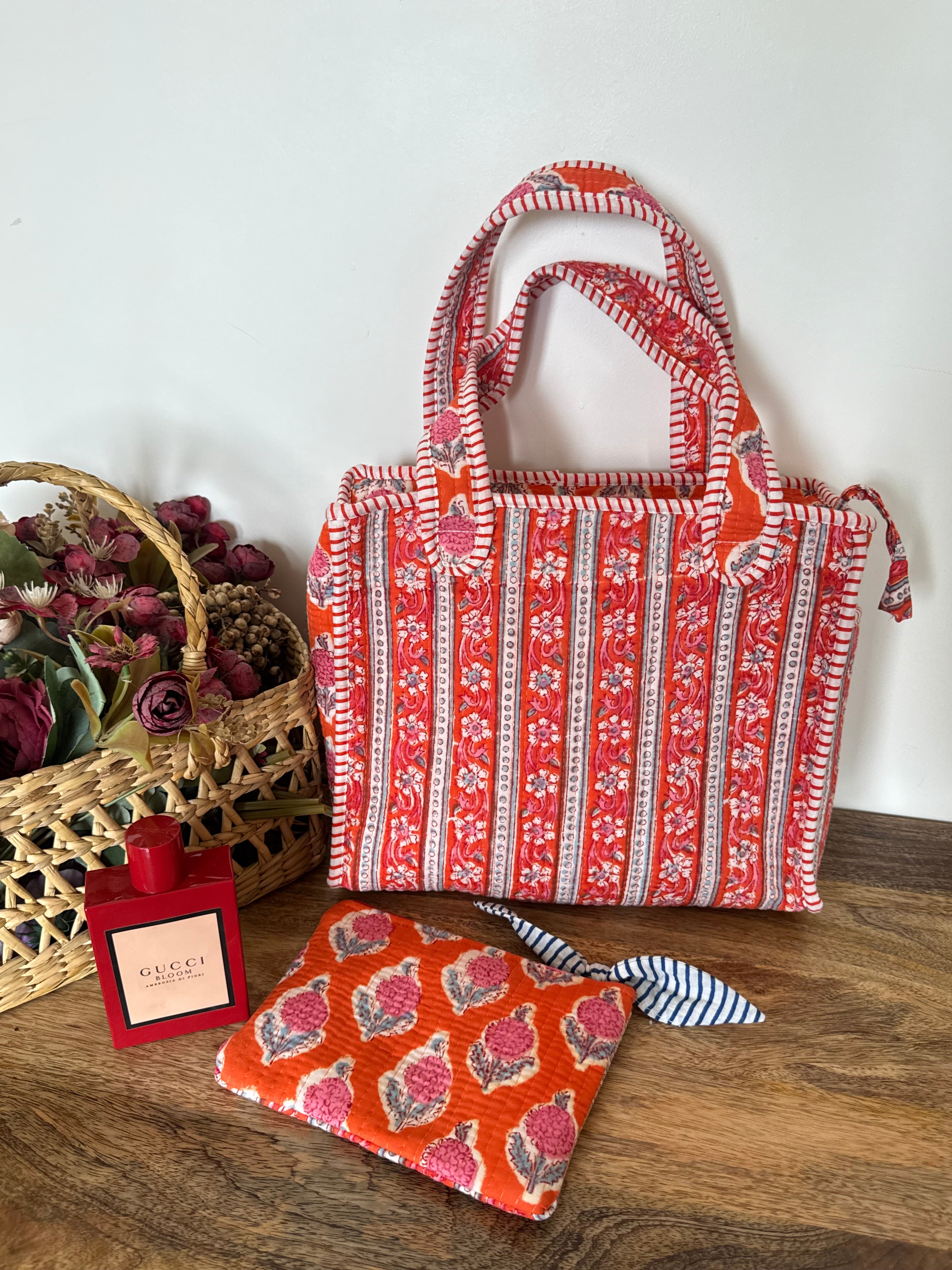 REVERSIBLE MINI TOTE BAG WITH MATCHING FLAT POUCH SET