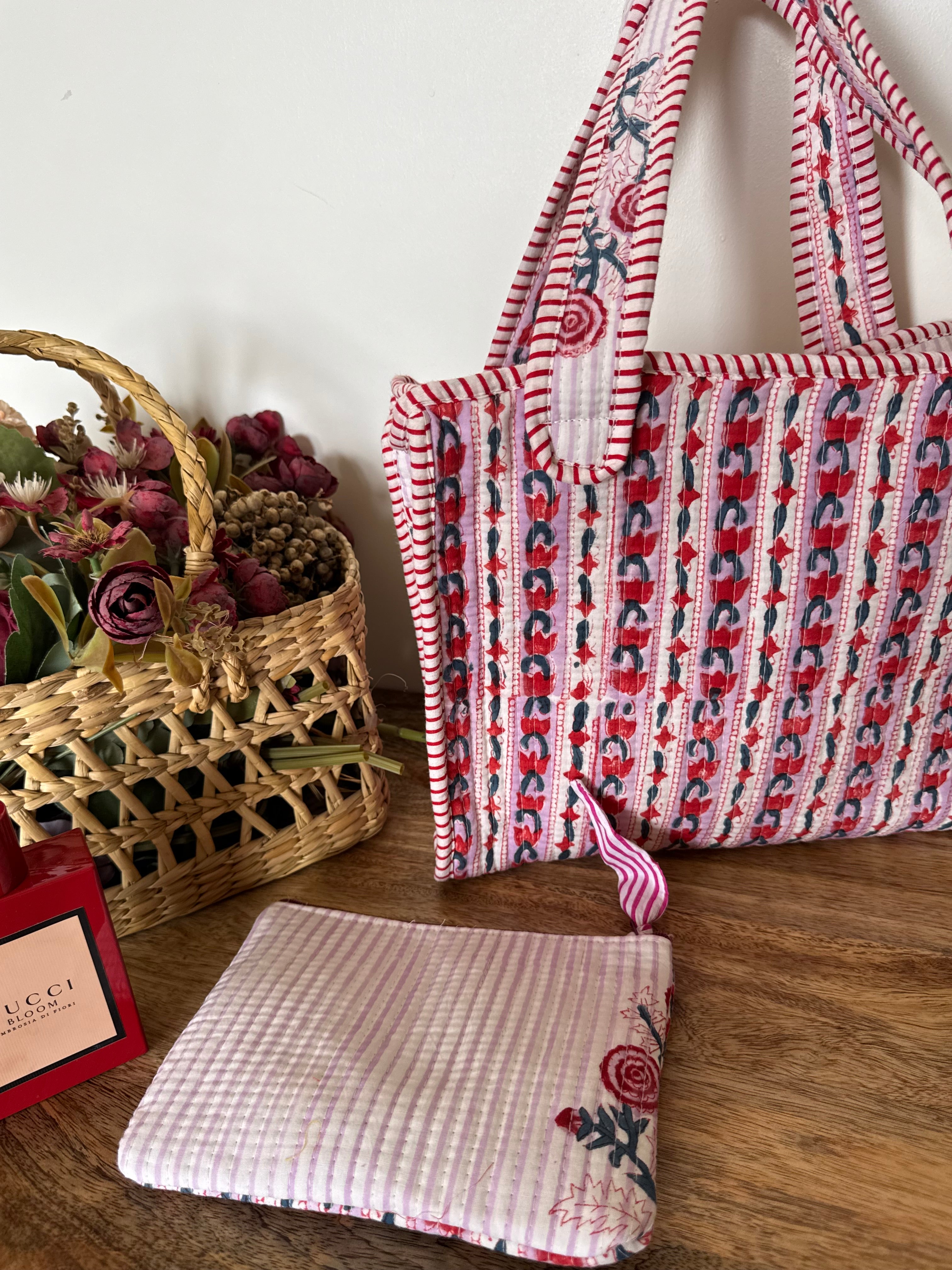 REVERSIBLE MINI TOTE BAG WITH MATCHING FLAT POUCH SET