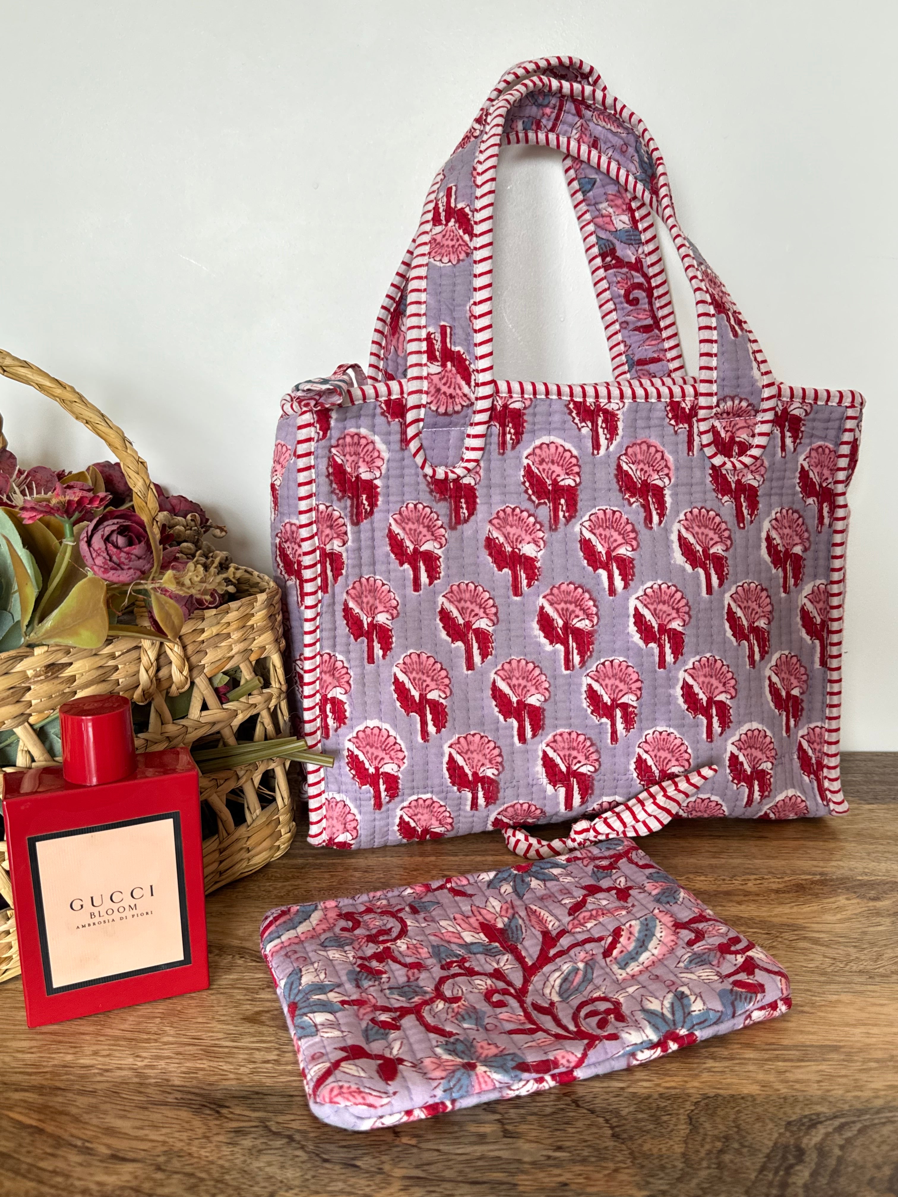 REVERSIBLE MINI TOTE BAG WITH MATCHING FLAT POUCH SET