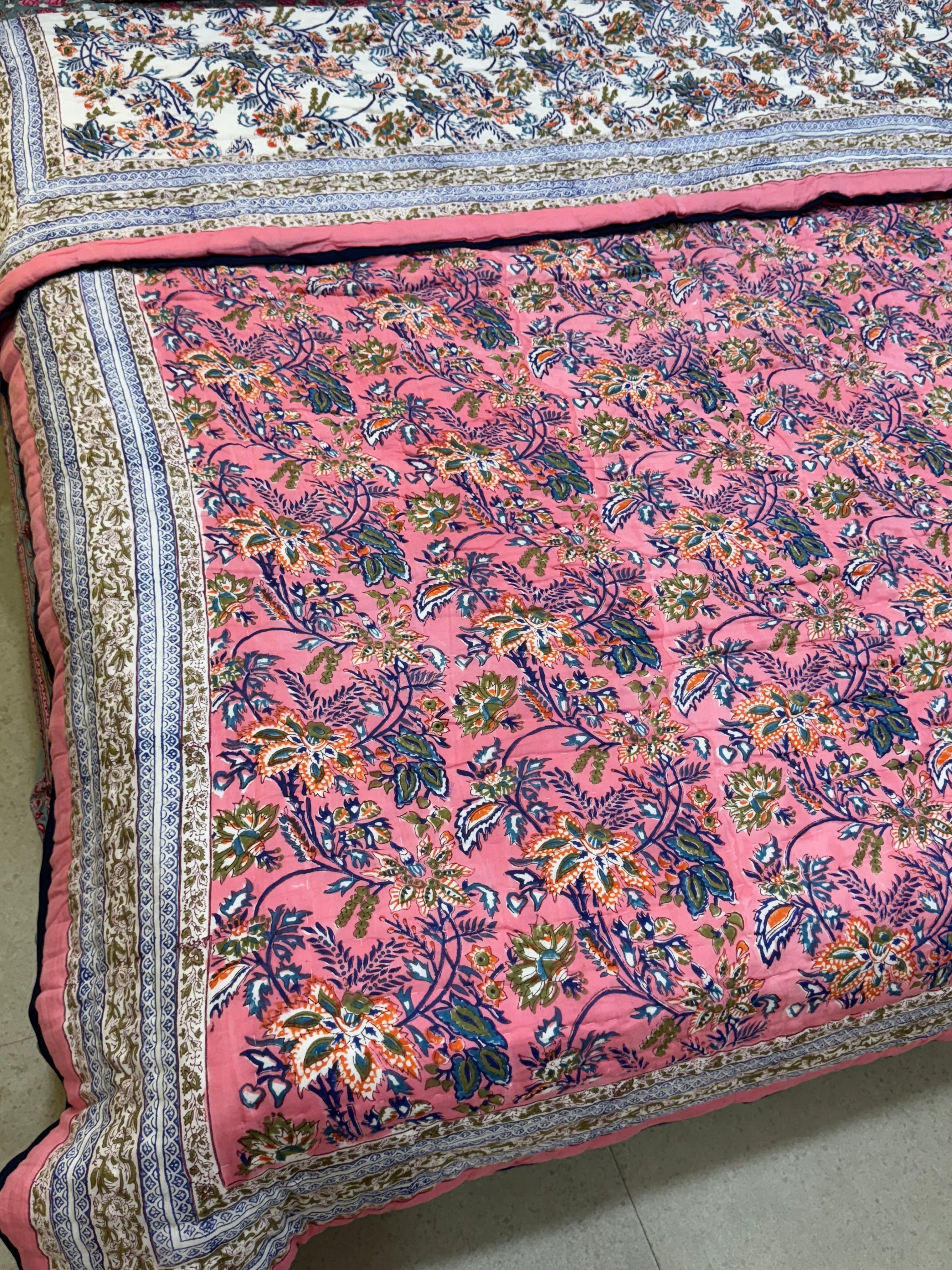 FESTIVE HAND BLOCK PRINTED REVERSIBLE QUILT (DOUBLE BED)