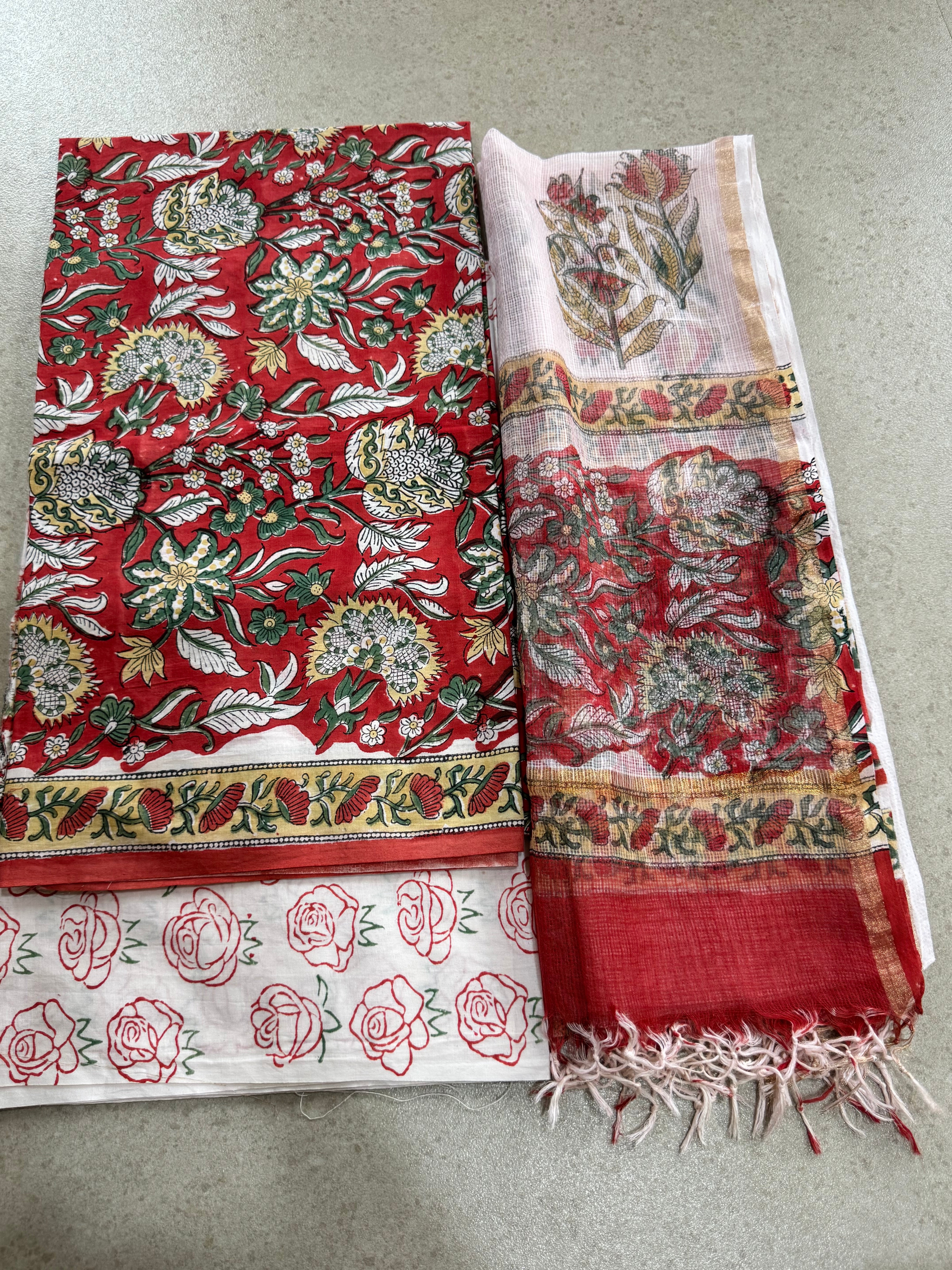 HAND BLOCK PRINTED COTTON WITH KOTA DORIYA DUPATTA UNSTITCHED SUIT