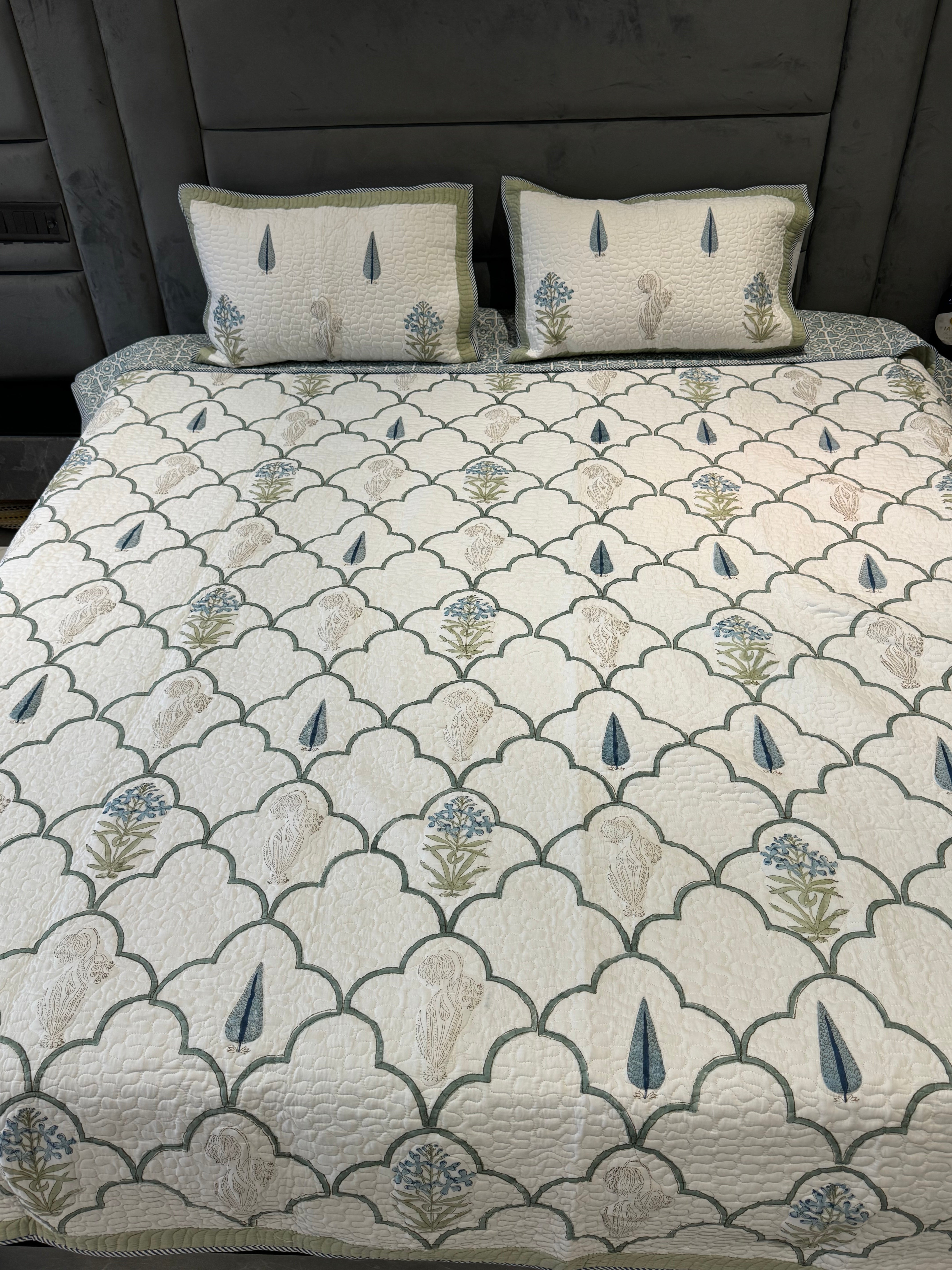 108 BY 108 INCHES BLUE JAAL HANDBLOCK PRINTED QUILTED BEDCOVER