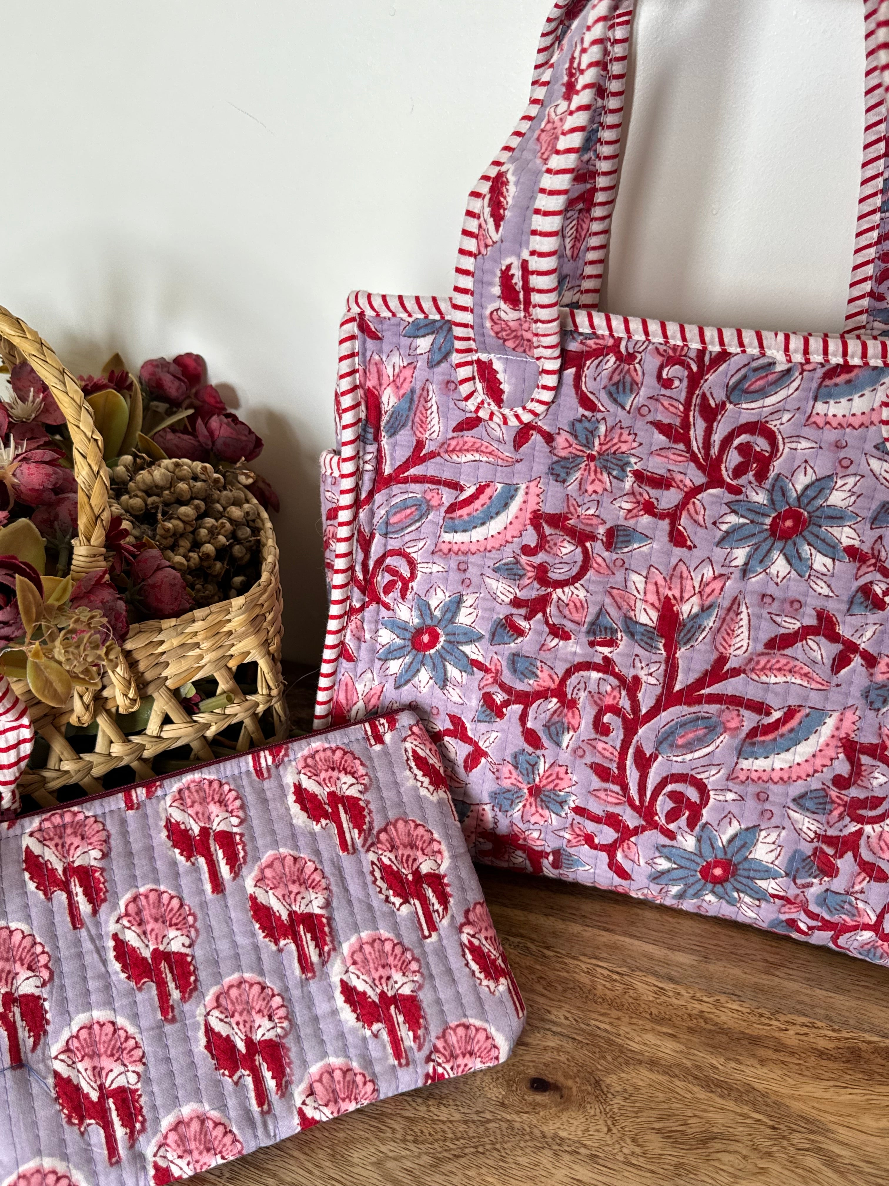 REVERSIBLE MINI TOTE BAG WITH MATCHING FLAT POUCH SET