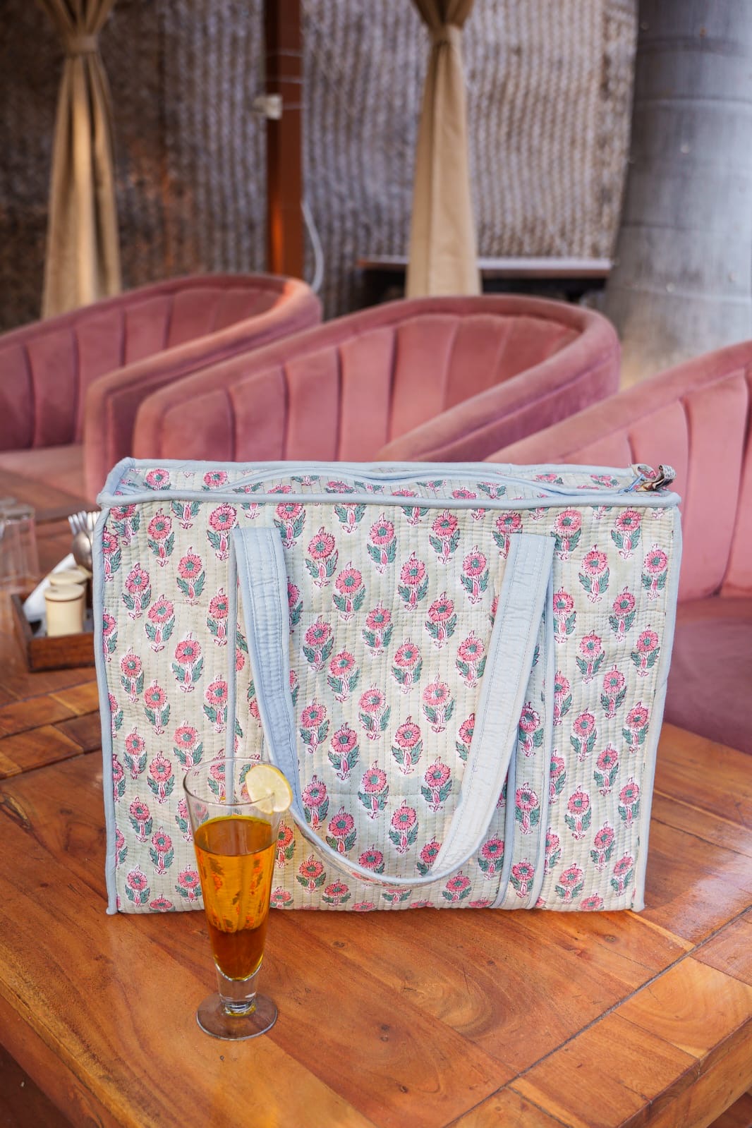 HAND BLOCK PRINTED TOTE BAG WITH ZIP