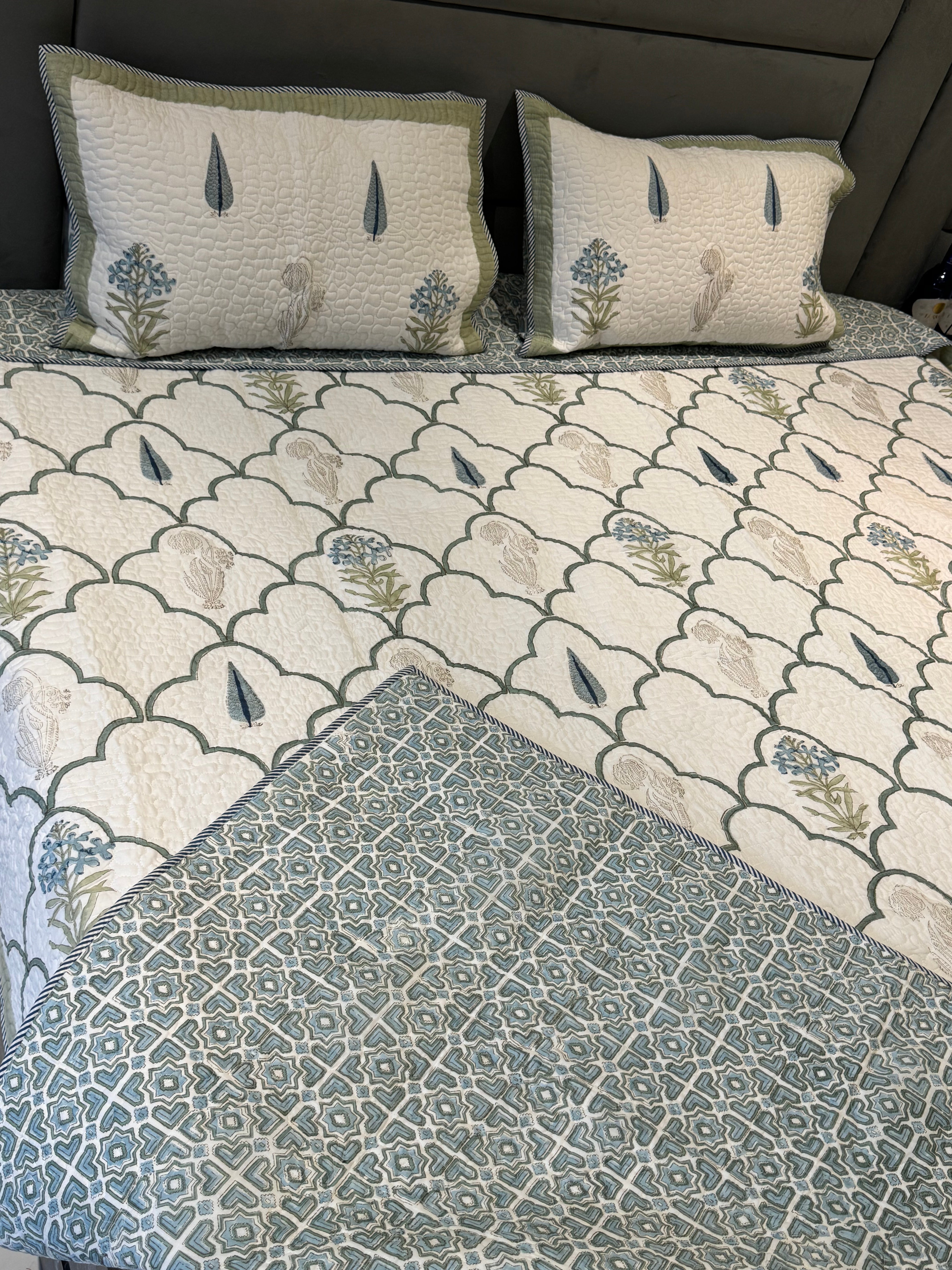 108 BY 108 INCHES BLUE JAAL HANDBLOCK PRINTED QUILTED BEDCOVER