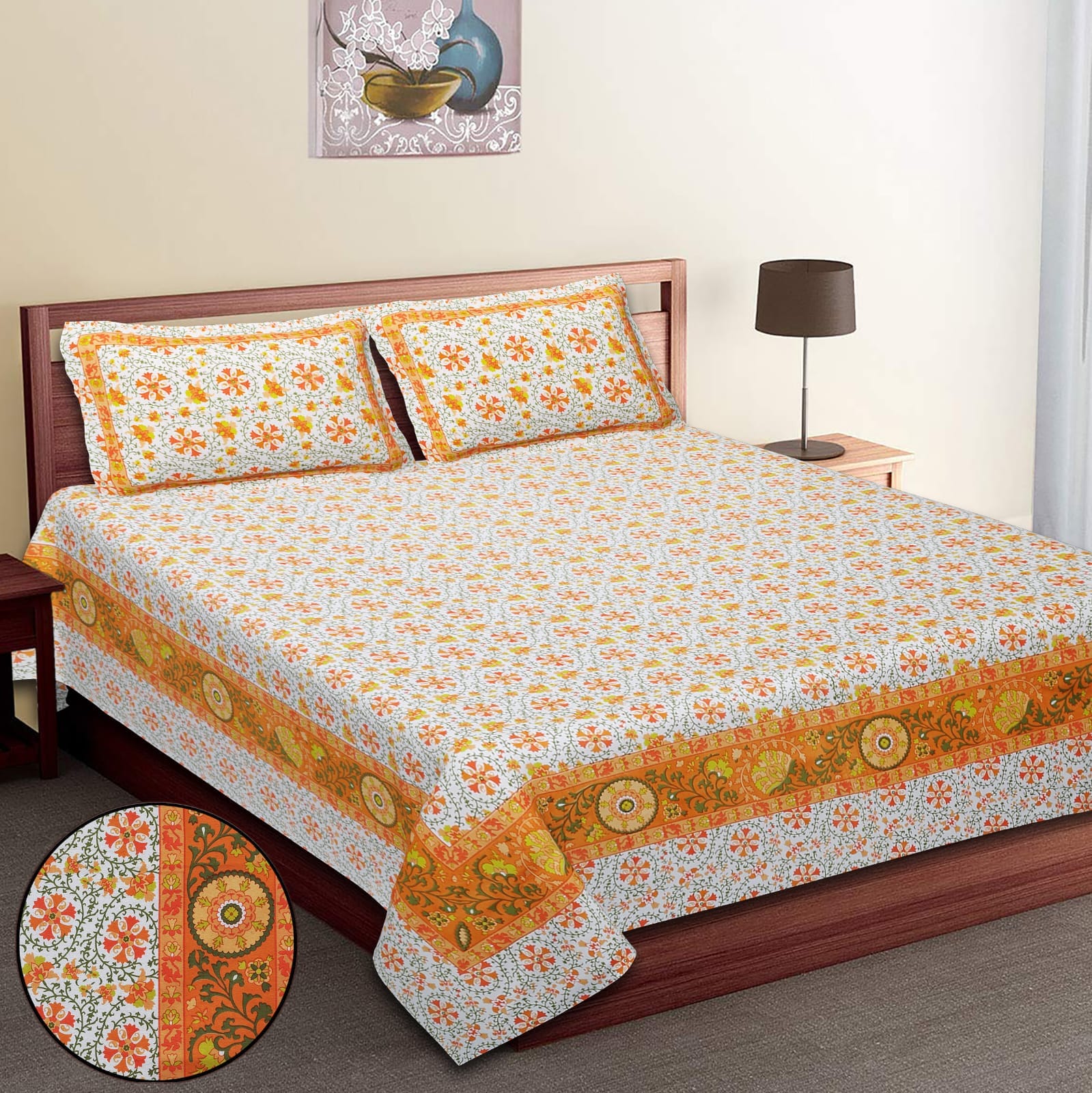 PURE COTTON BEDSHEET WITH TWO REVERSIBLE PILLOW COVERS