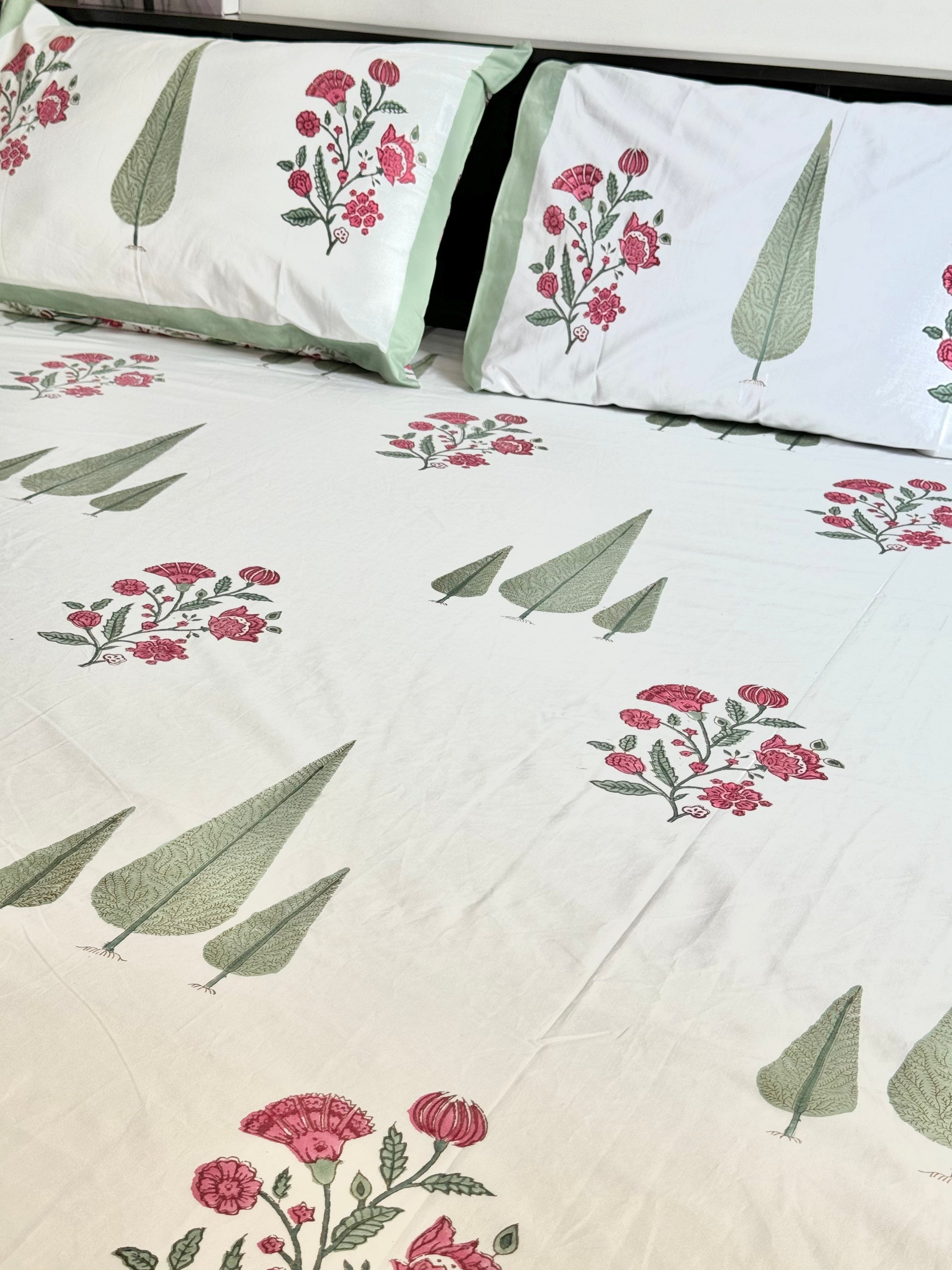 TRIPLE CYPRESS HANDBLOCK PRINTED BEDSHEET WITH TWO REVERSIBLE PILLOW COVERS