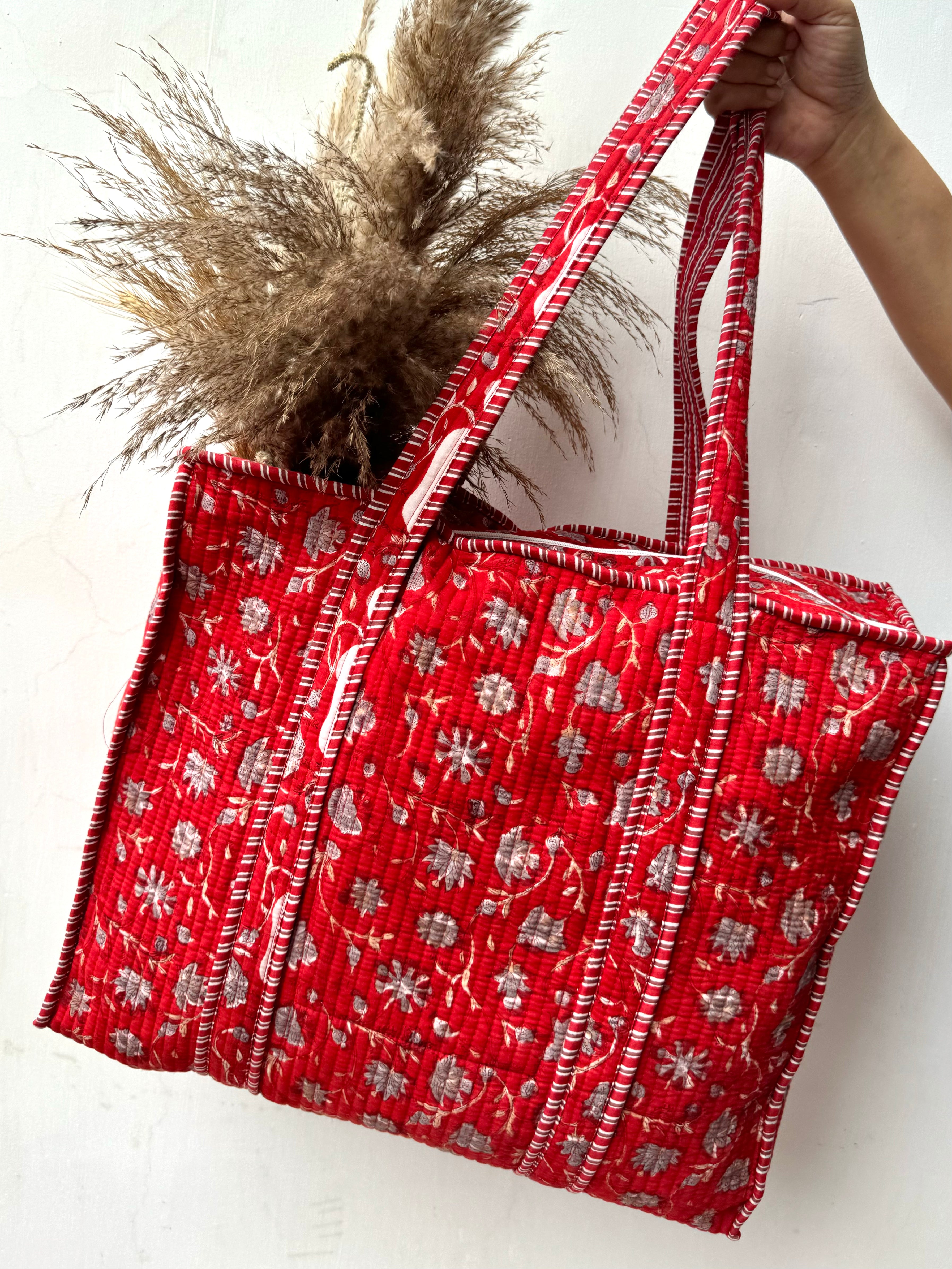 HAND BLOCK PRINTED TOTE BAG WITH ZIP