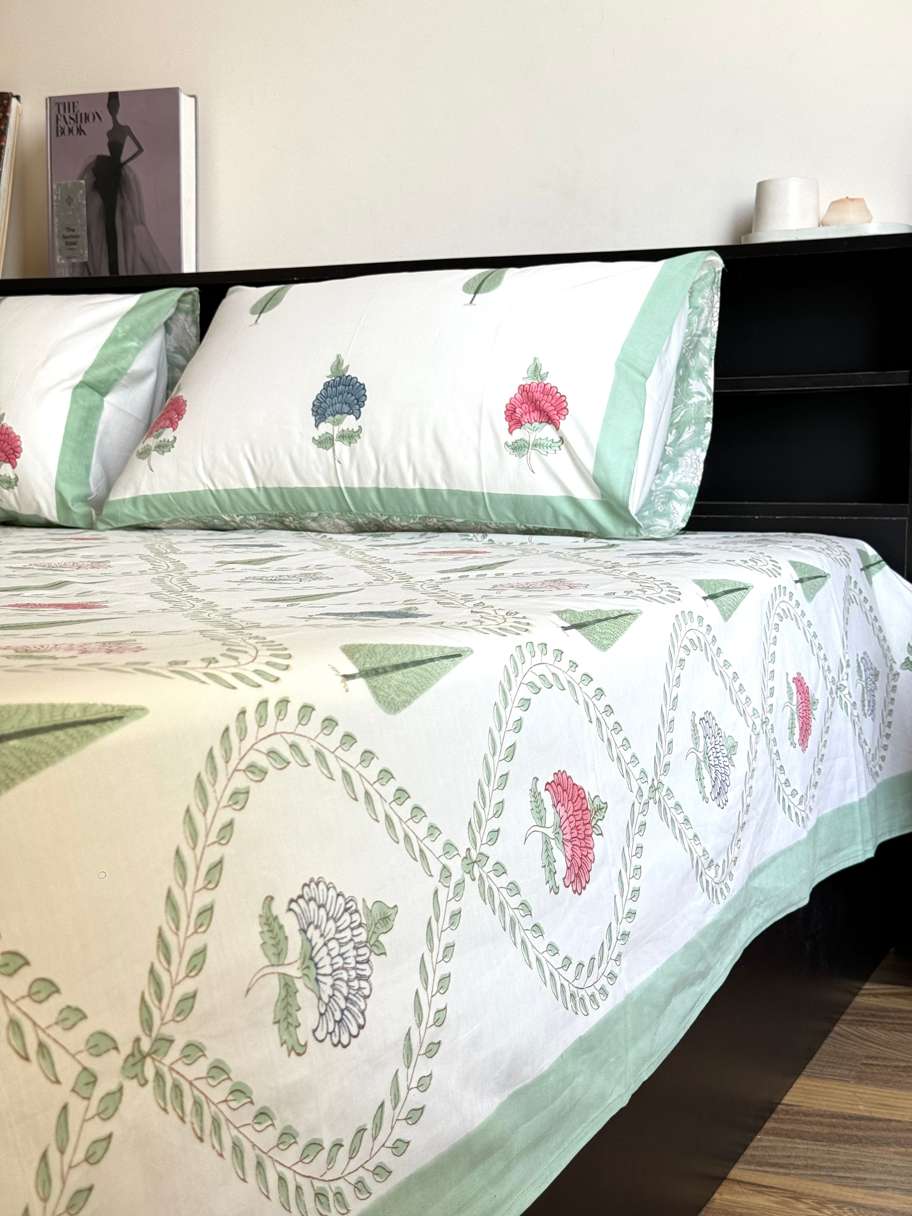 ANISH HAND BLOCK PRINTED BEDSHEET WITH TWO REVERSIBLE PILLOW COVERS