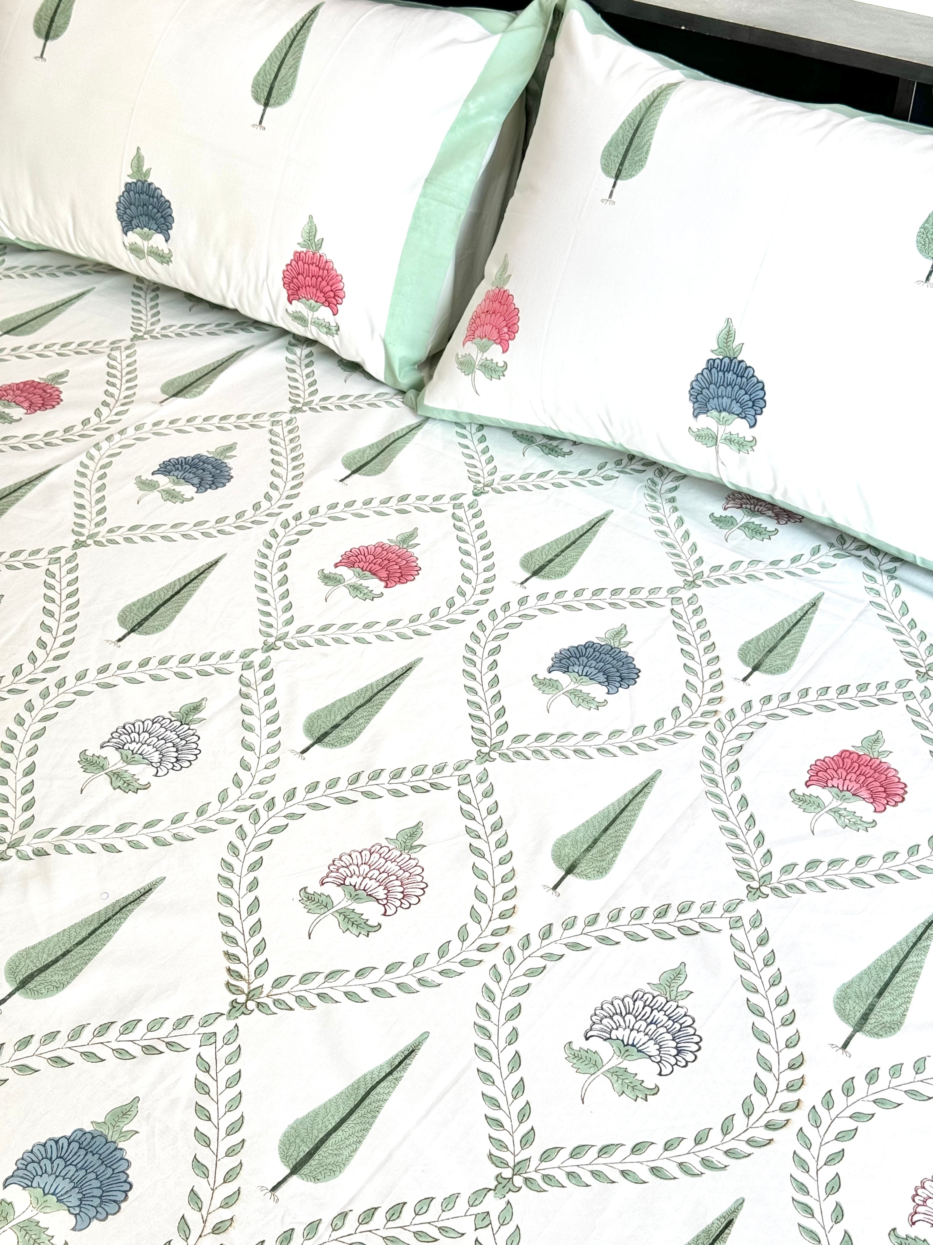 ANISH HAND BLOCK PRINTED BEDSHEET WITH TWO REVERSIBLE PILLOW COVERS