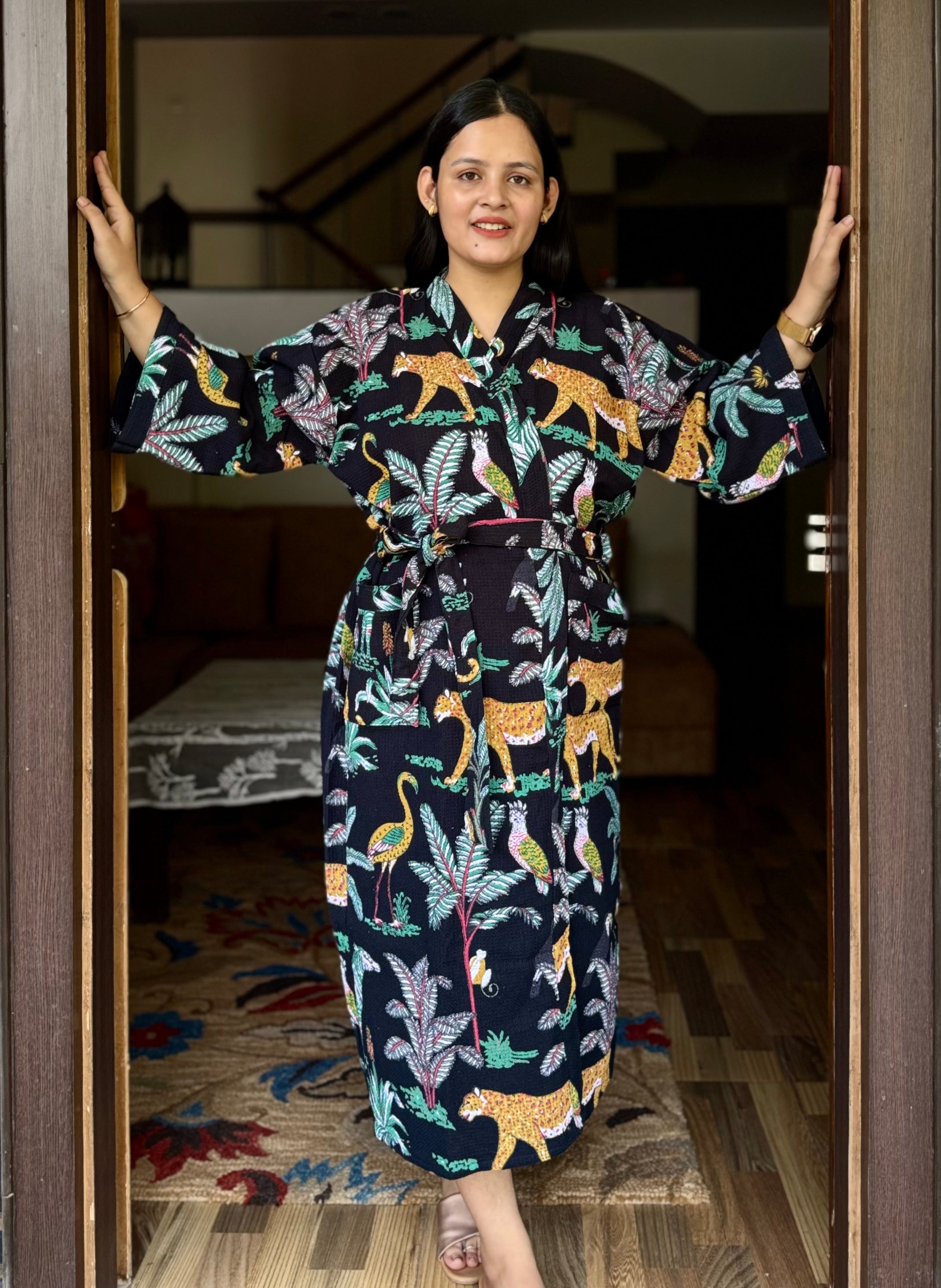 Jungle Print Waffle Cotton Bath Robe