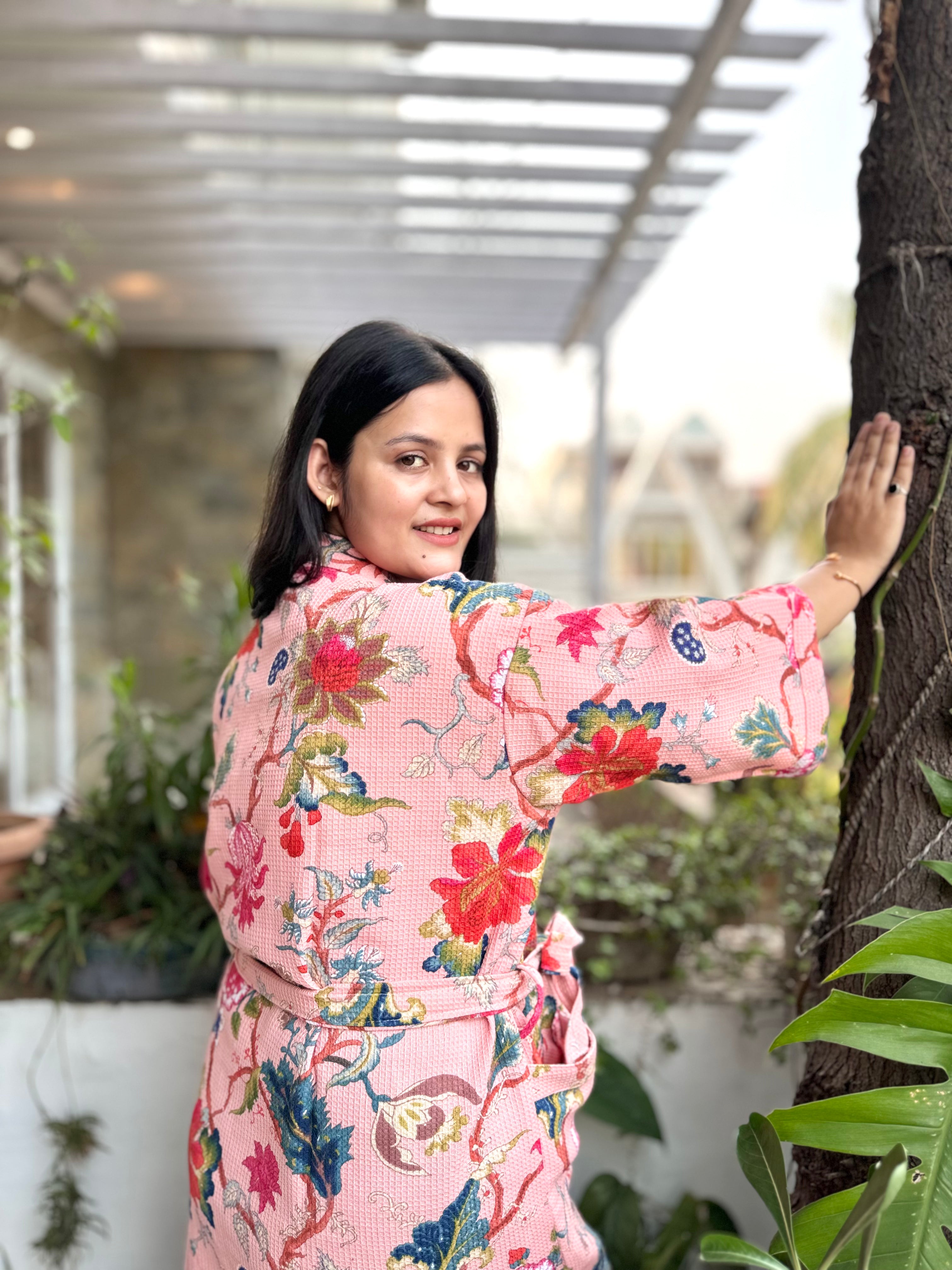 Pink Floral Cotton Bathrobe