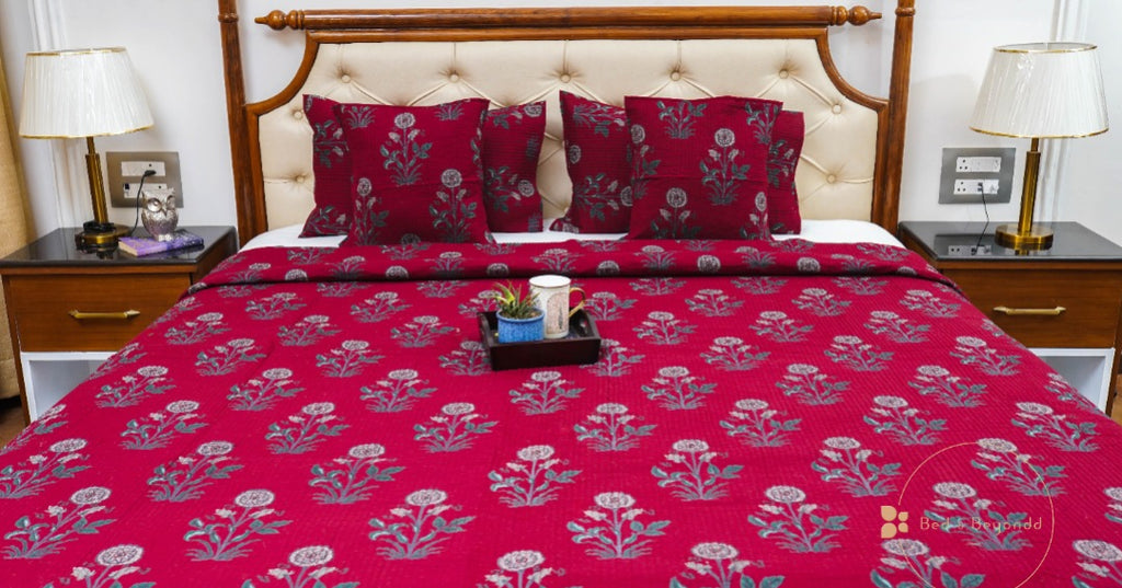 KANAK MAROON POPPY QUILTED BEDCOVER SET(5PC) - BEDCOVER + 2 PILLOW CASES + 2 CUSHION COVERS