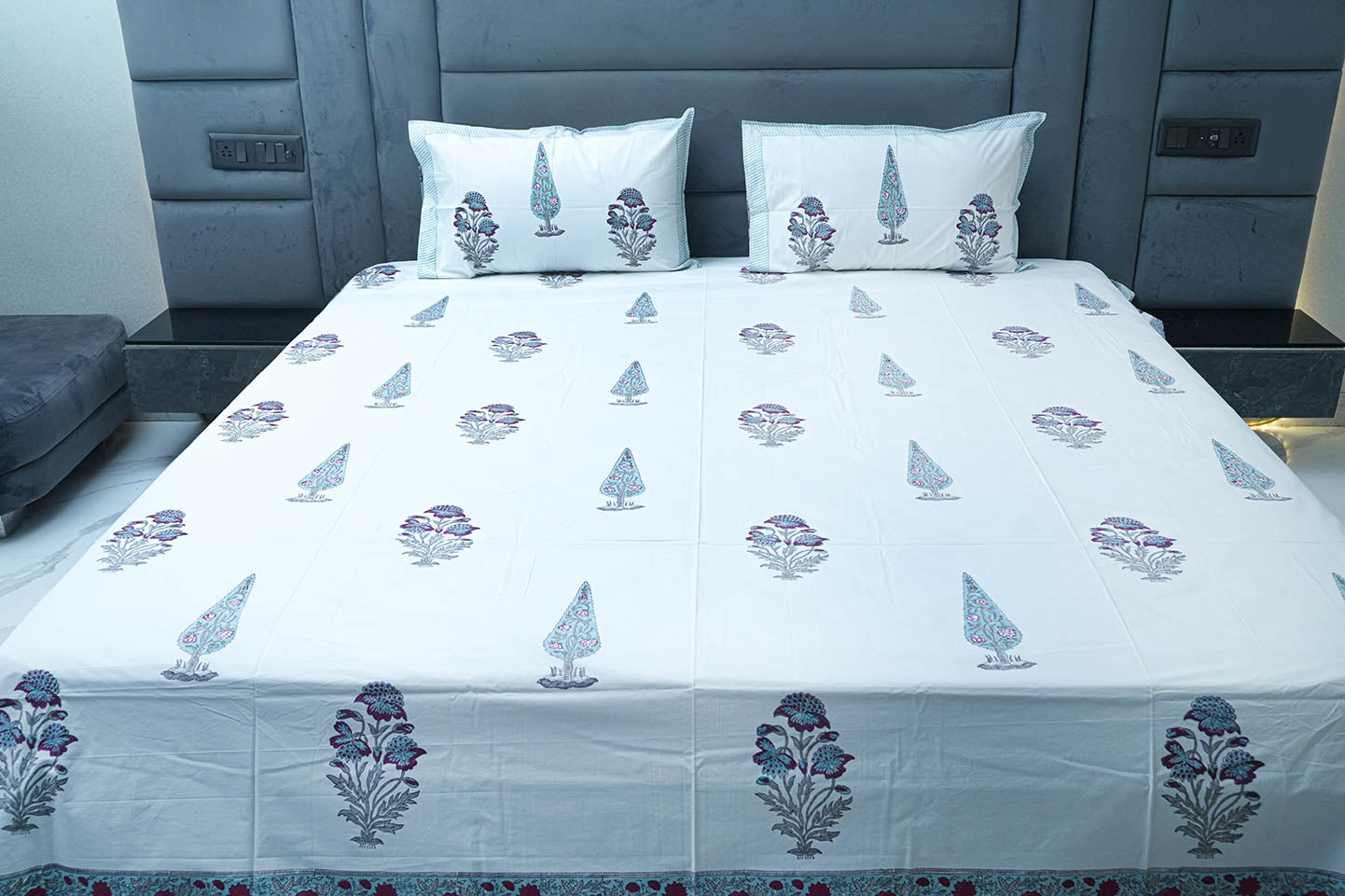 GREY CYPRESS HAND BLOCK PRINTED BEDSHEET WITH TWO REVERSIBLE PILLOW COVERS