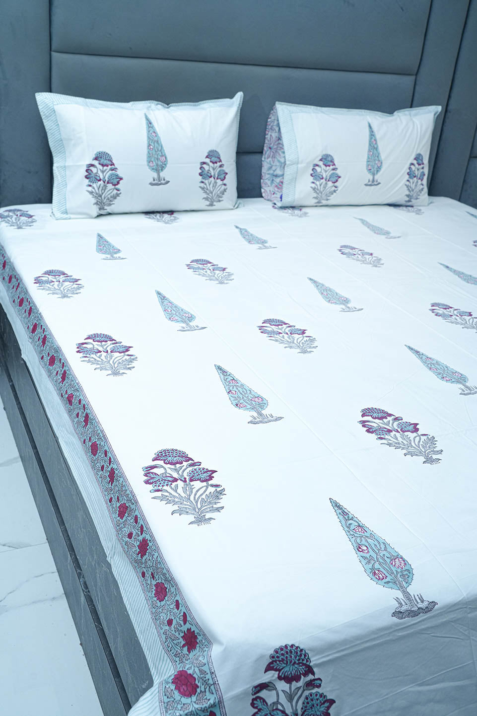 GREY CYPRESS HAND BLOCK PRINTED BEDSHEET WITH TWO REVERSIBLE PILLOW COVERS