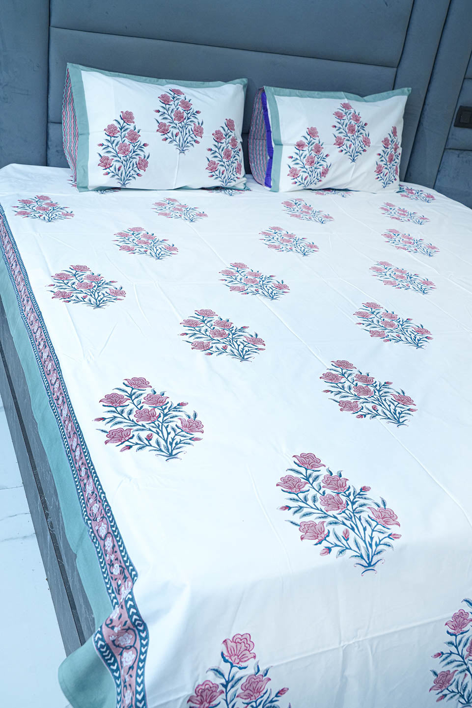 TERRACOTTA HAND BLOCK PRINTED BEDSHEET WITH TWO REVERSIBLE PILLOW COVERS